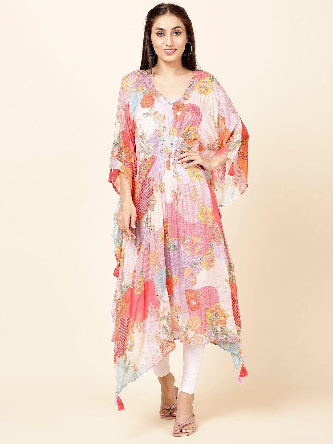 meena bazaar floral printed kimono sleeves asymmetric kaftan kurta with slip