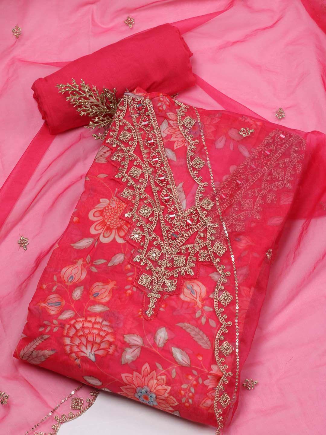 meena bazaar floral printed organza unstitched dress material