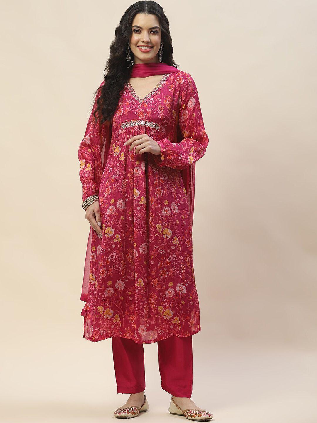 meena bazaar floral printed pleated anarkali kurta with trousers & with dupatta