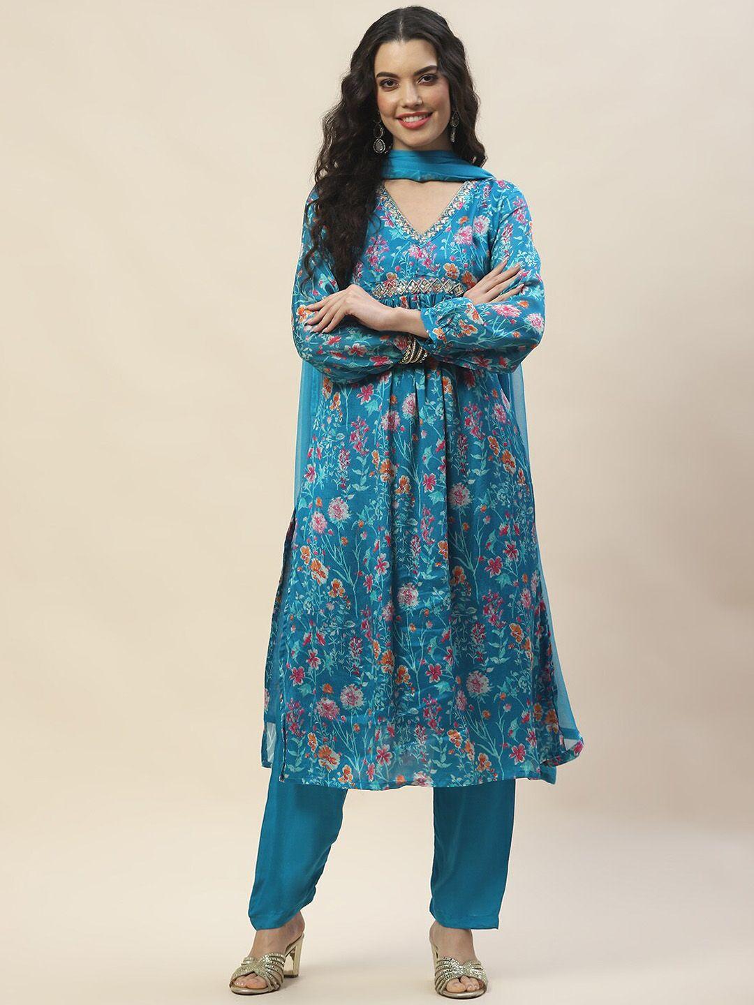 meena bazaar floral printed pleated anarkali kurta with trousers & with dupatta
