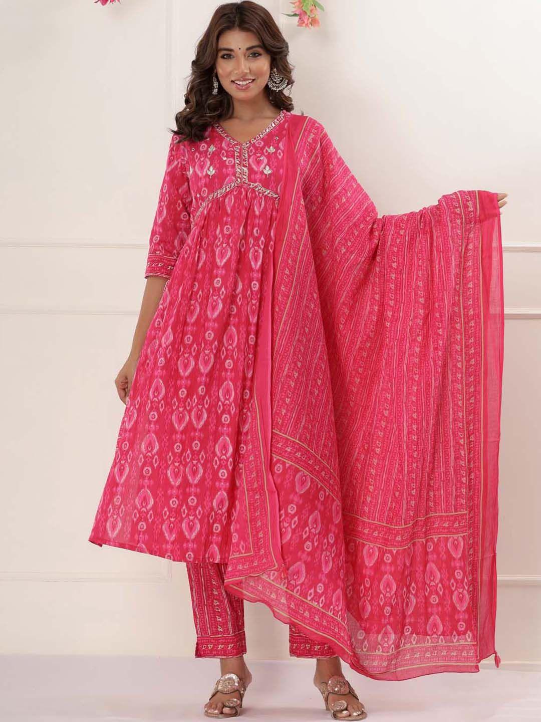 meena bazaar floral printed pleated thread work kurta with trousers & dupatta