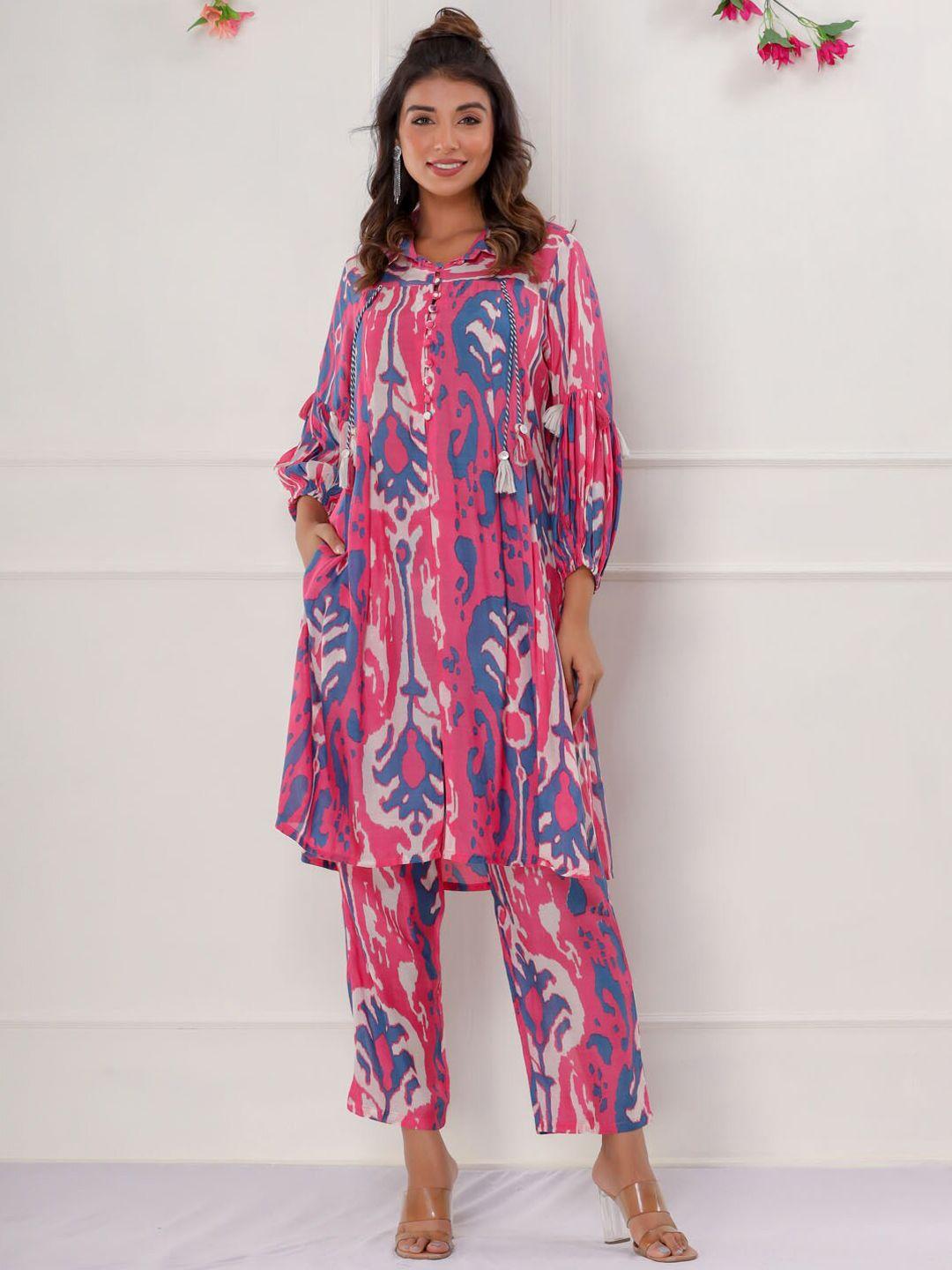 meena bazaar floral printed pure cotton shirt collar a-line kurta with trousers