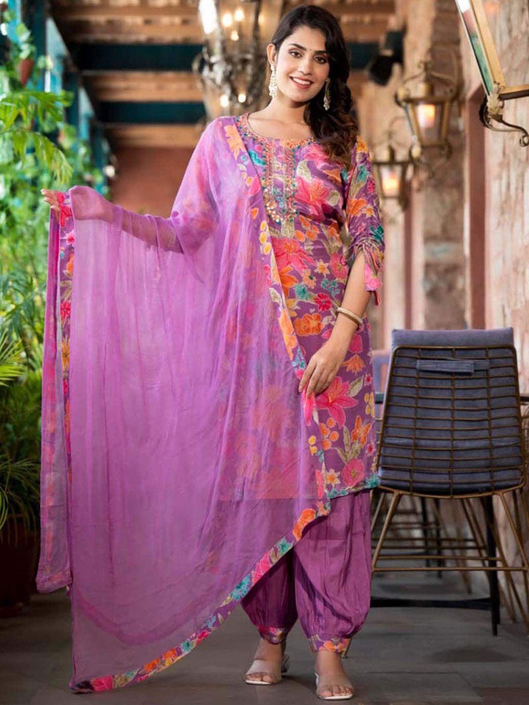 meena bazaar floral printed regular mirror work kurta with trousers & dupatta