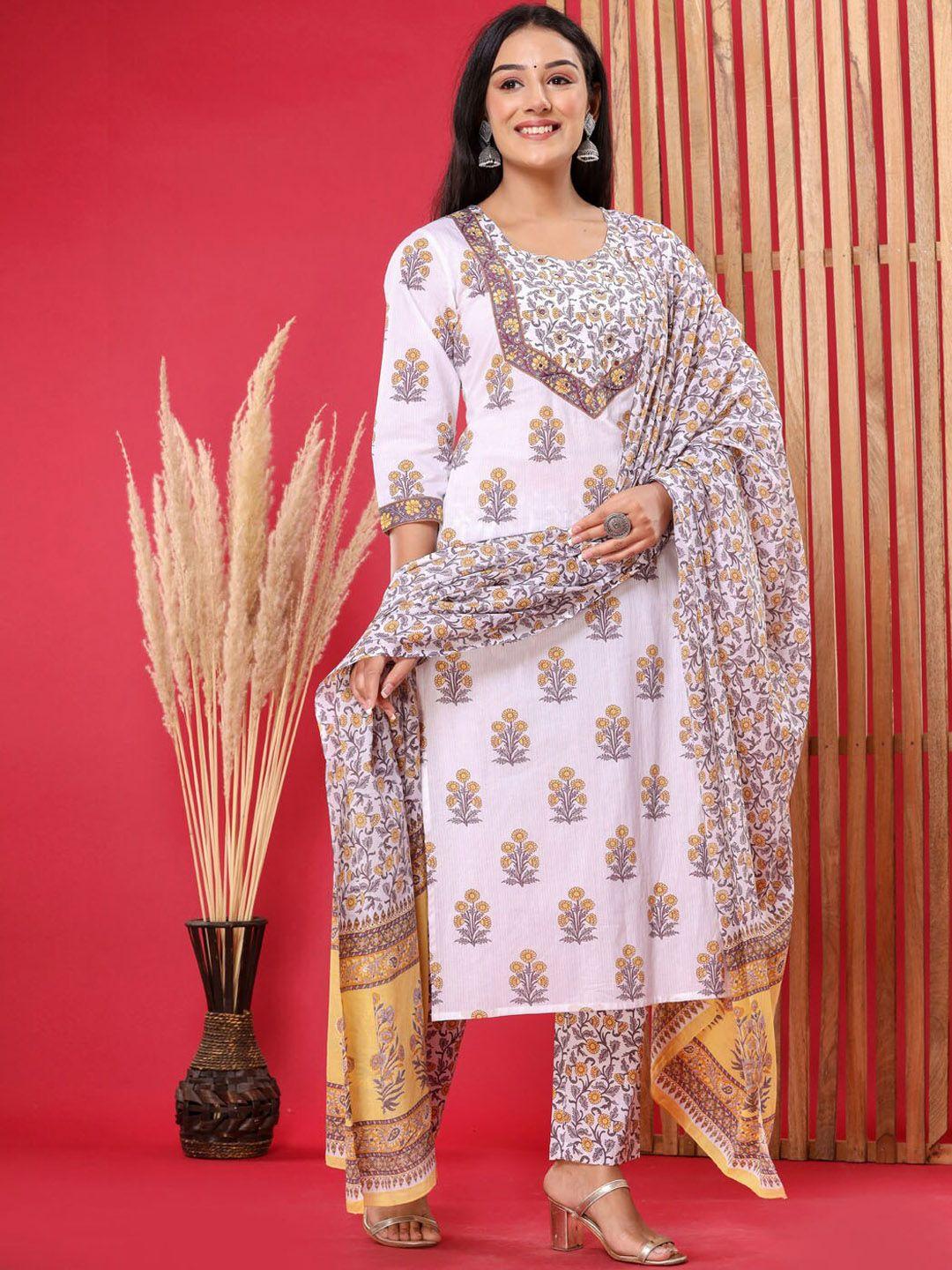 meena bazaar floral printed regular mirror work kurta with trousers & with dupatta