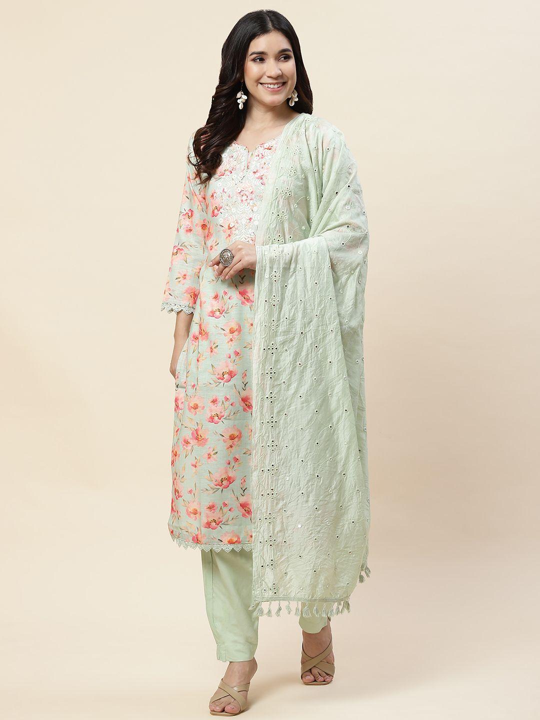 meena bazaar floral printed regular sequinned kurta with trousers & with dupatta