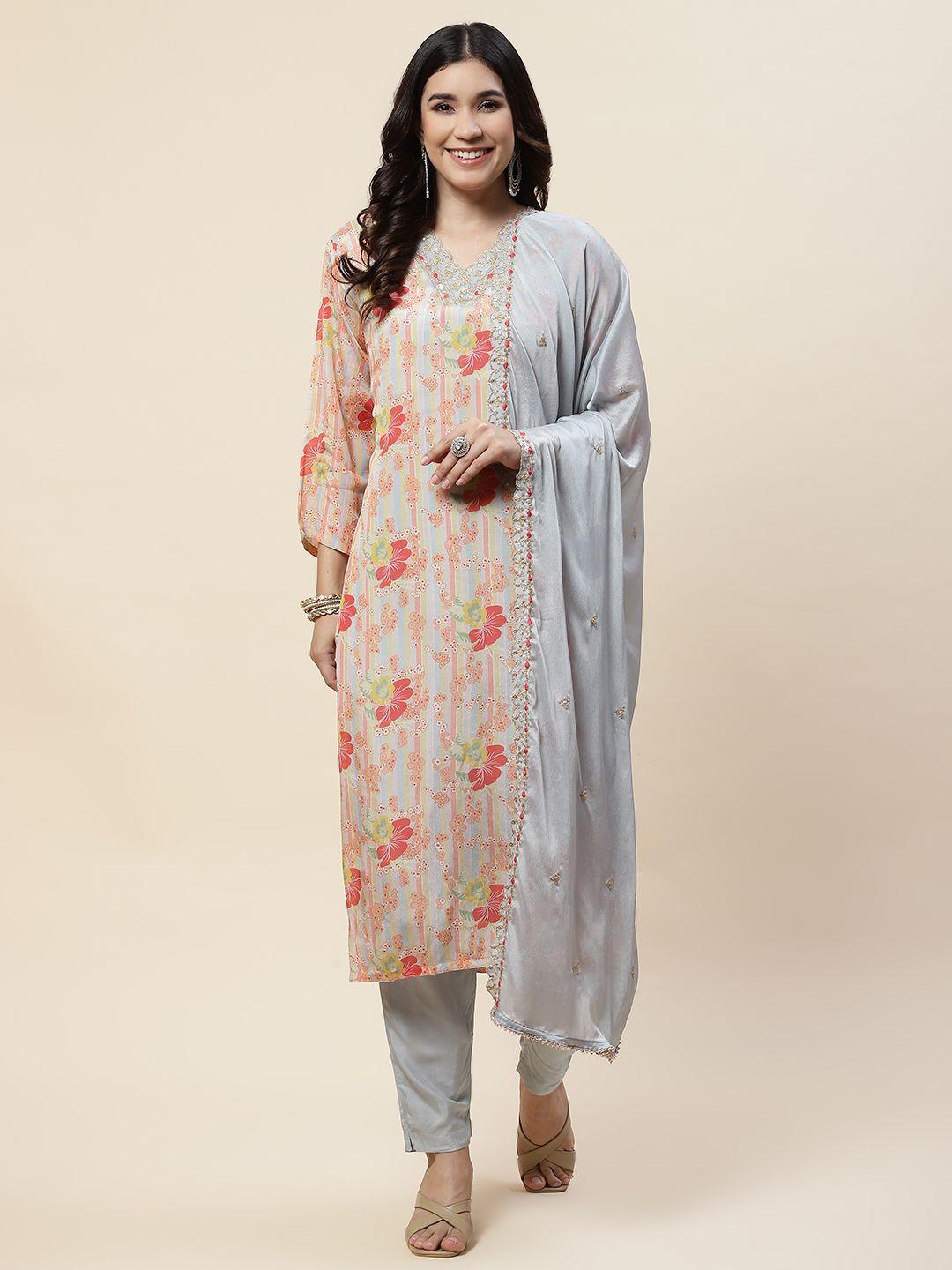 meena bazaar floral printed regular straight kurta & trousers with dupatta