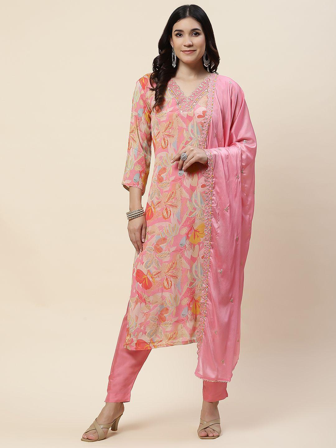 meena bazaar floral printed regular straight kurta & trousers with dupatta