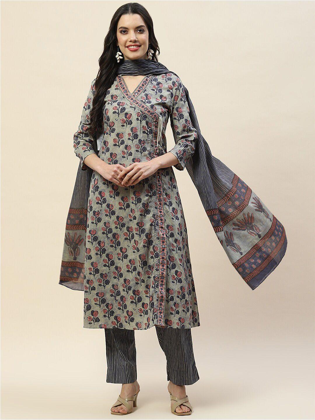 meena bazaar floral printed regular thread work a-line kurta with trousers & dupatta