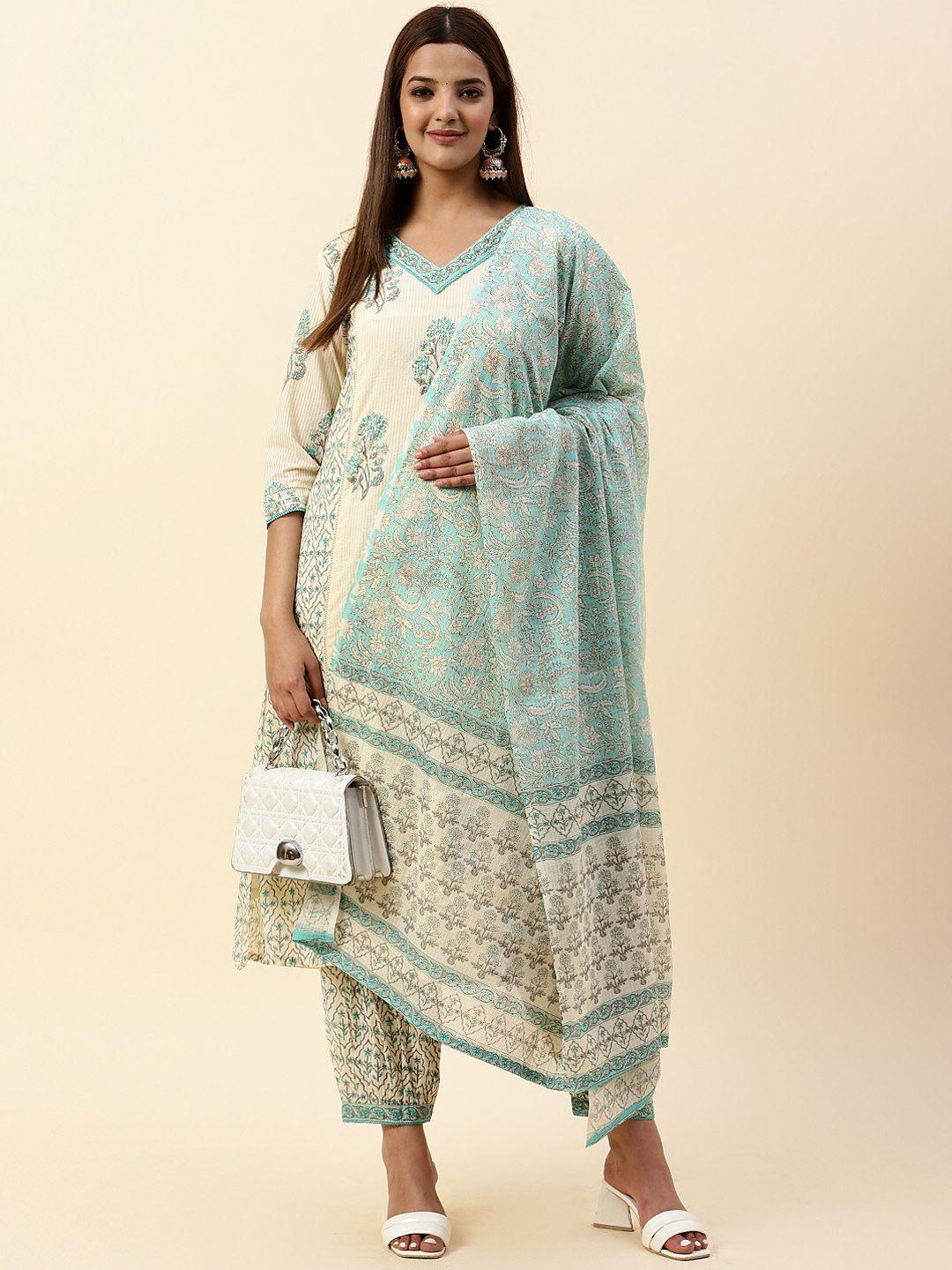 meena bazaar floral printed sequined panelled a-line kurta with trousers & dupatta