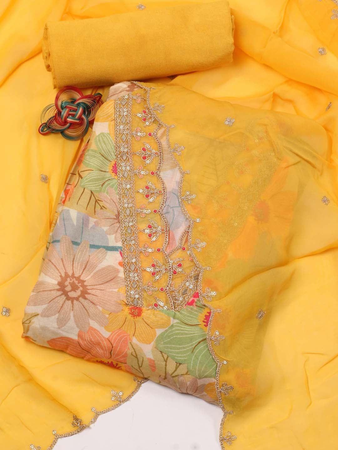 meena bazaar floral printed sequinned art silk unstitched dress material