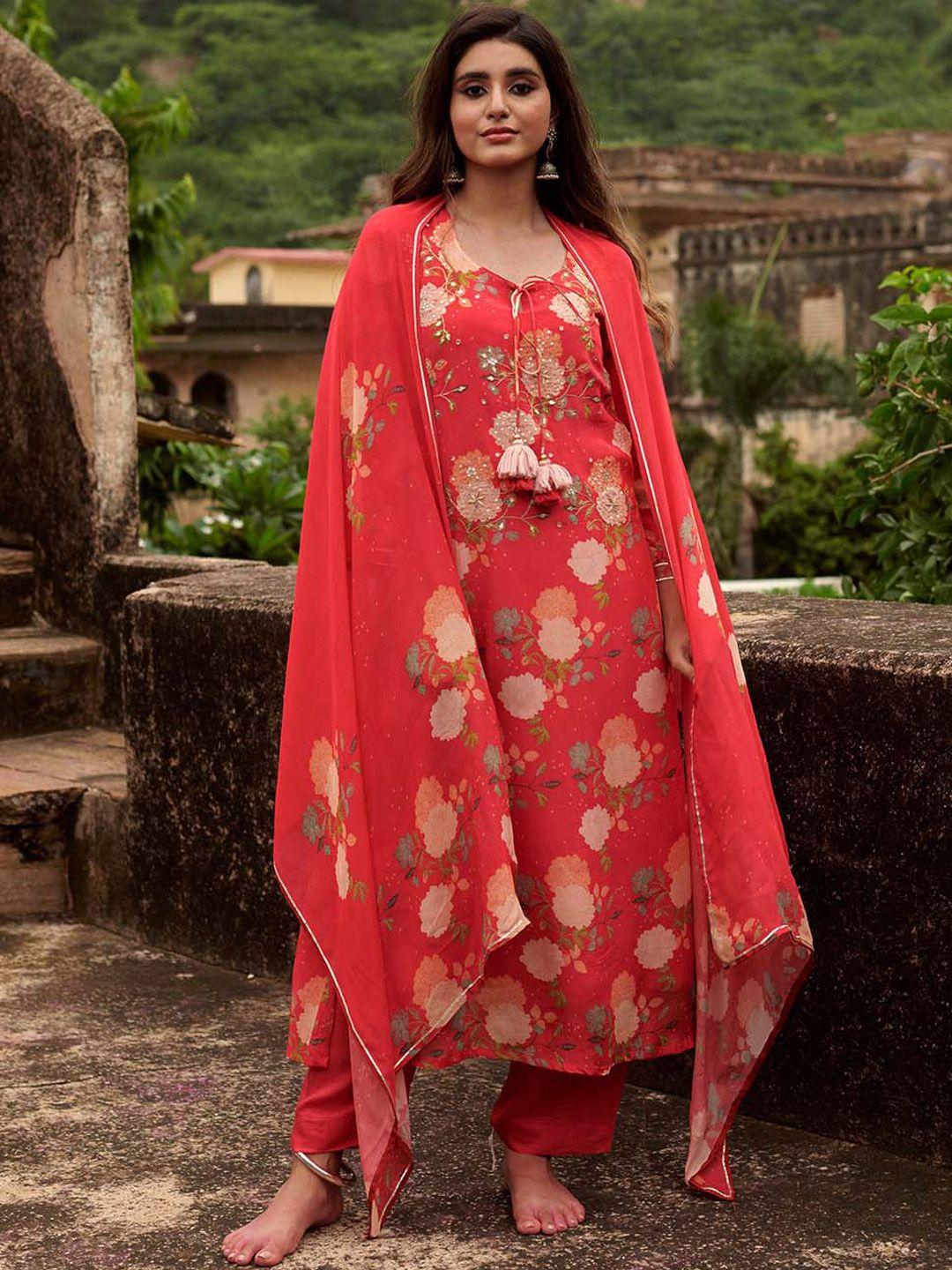 meena bazaar floral printed sequinned kurta with trousers & dupatta