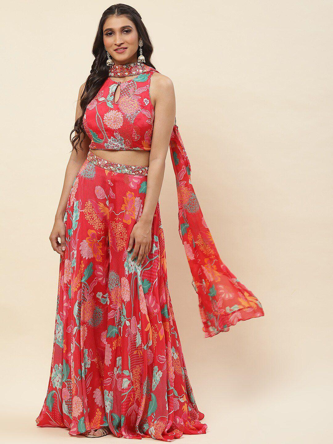 meena bazaar floral printed sleeveless ethnic top with sharara & dupatta