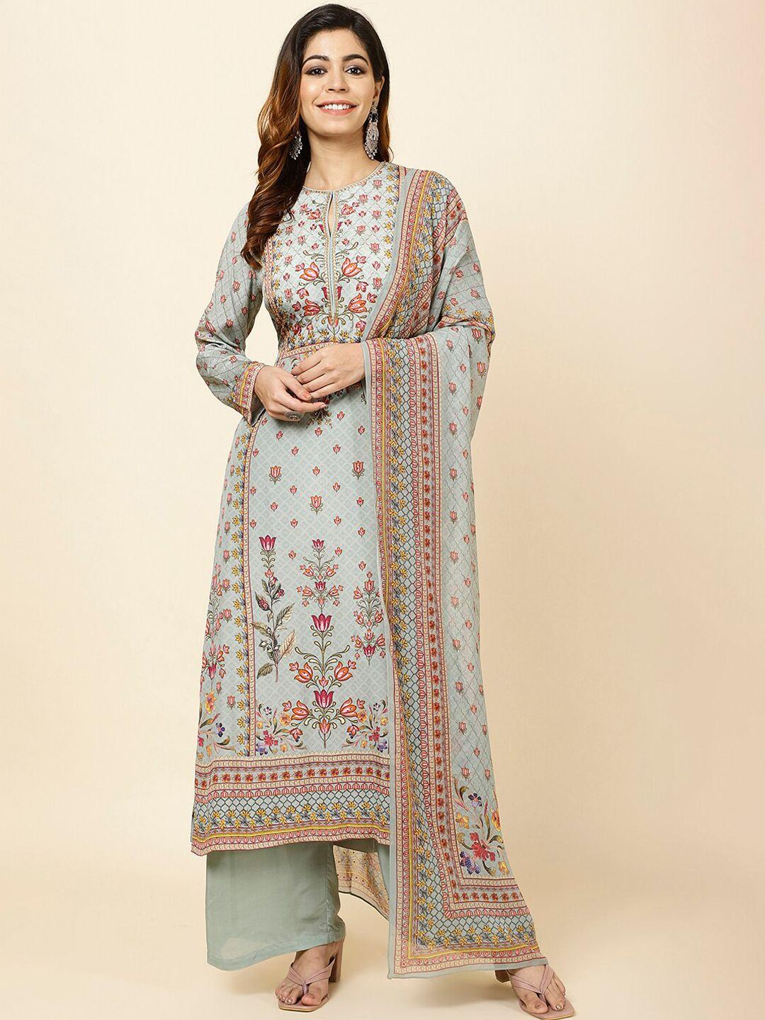 meena bazaar floral printed thread work straight kurta with palazzos & dupatta