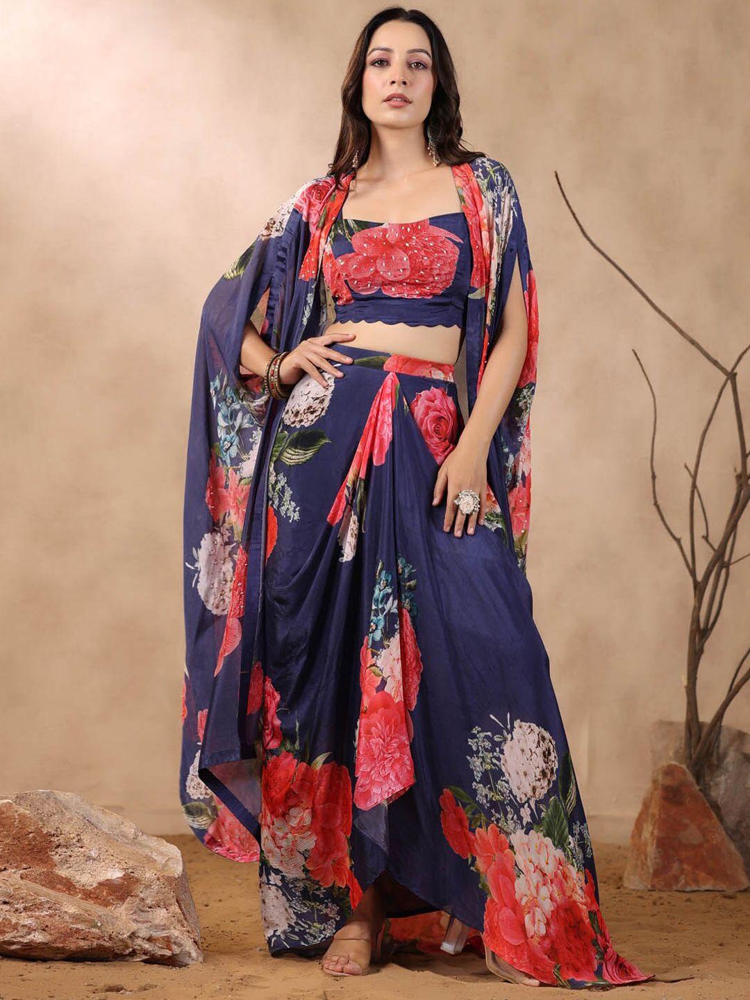 meena bazaar floral printed top & skirt with shrug