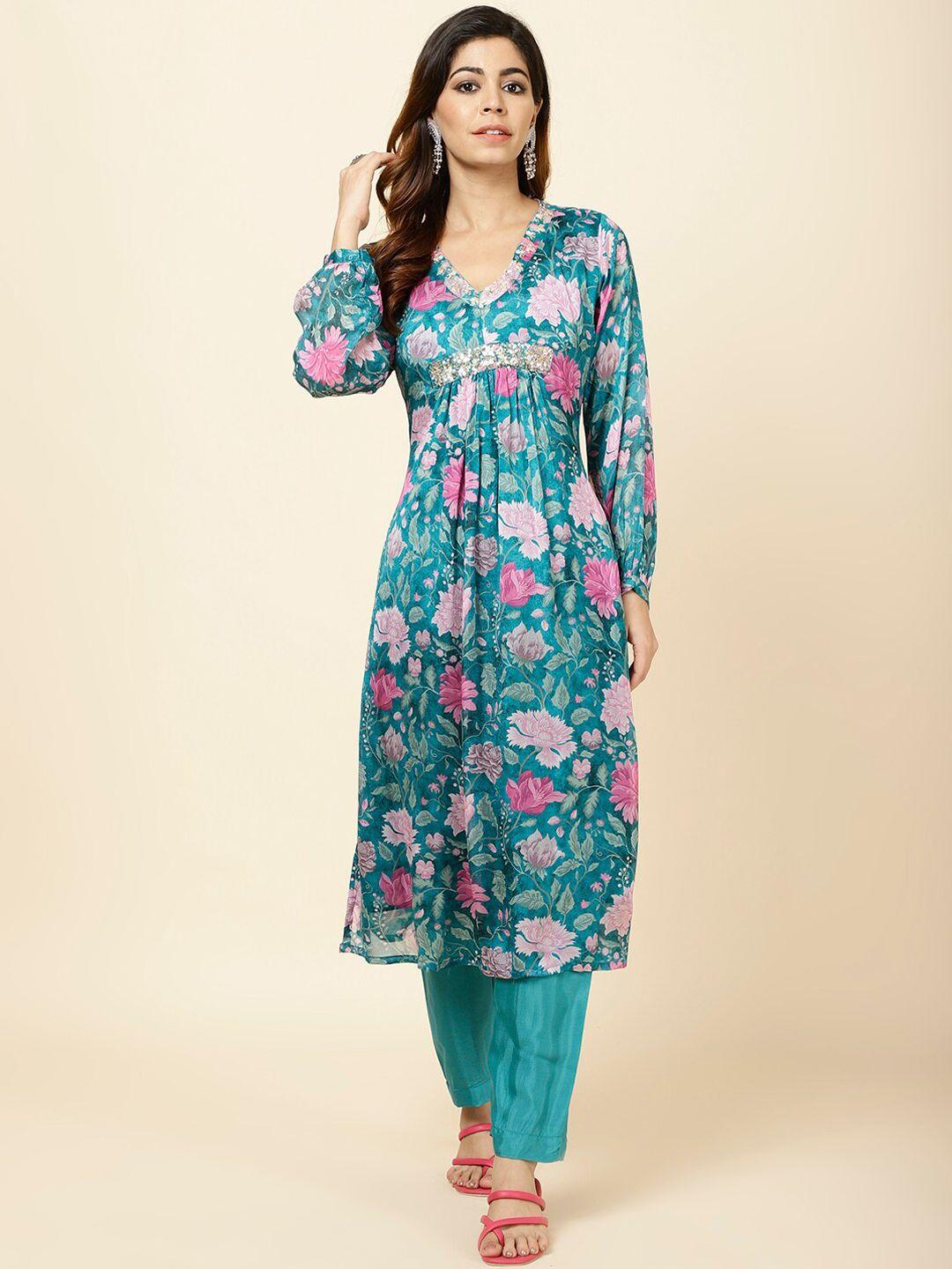 meena bazaar floral printed v-neck pleated a-line kurta with trousers