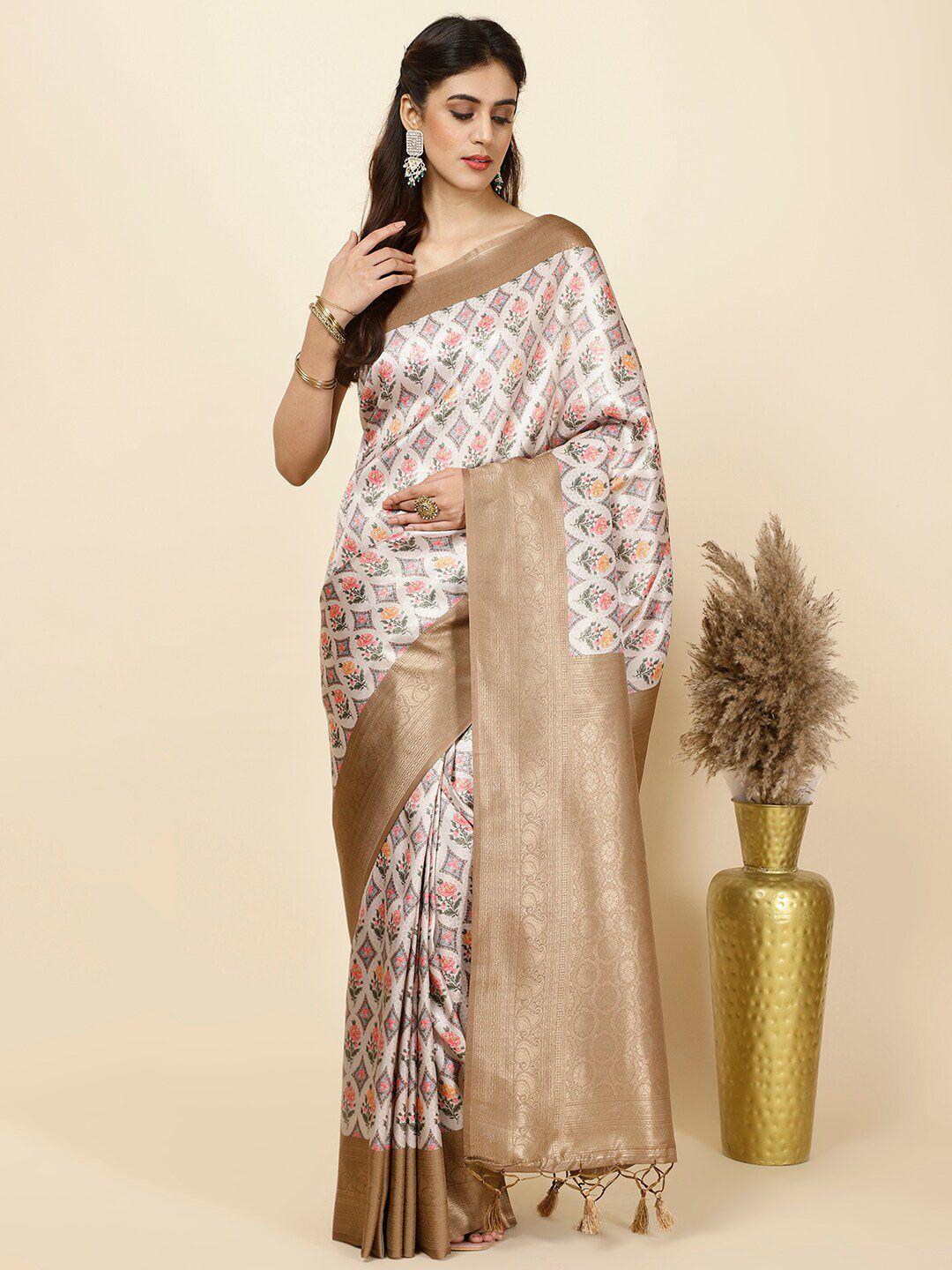 meena bazaar floral printed zari art silk saree