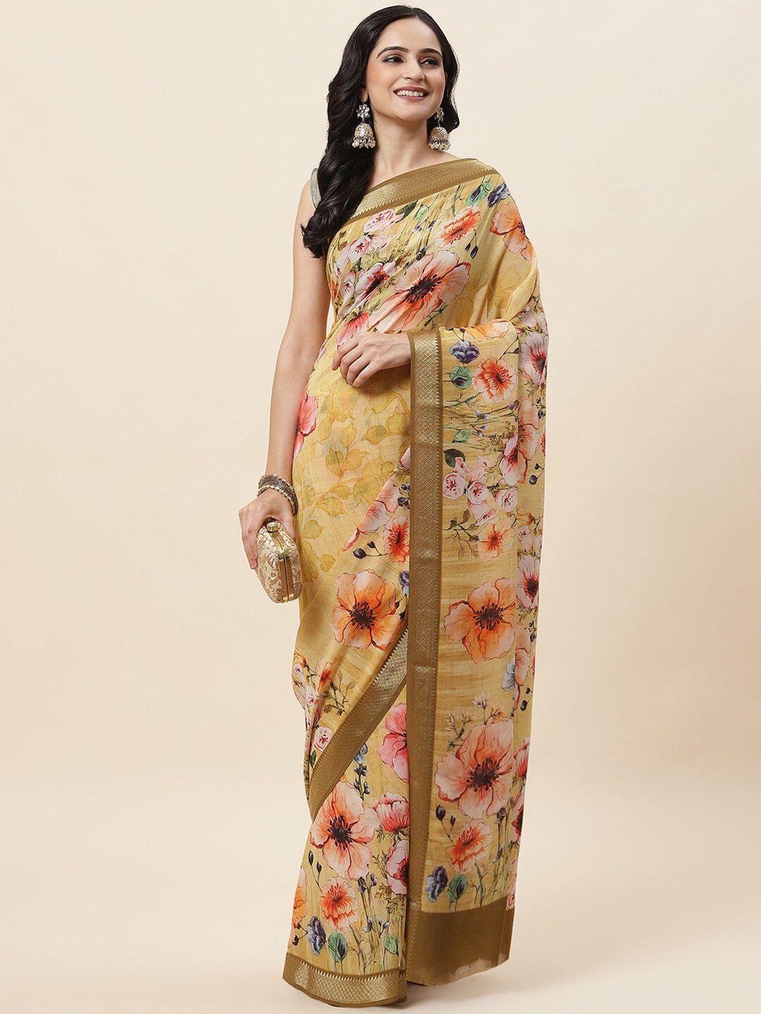 meena bazaar floral printed zari detailed saree