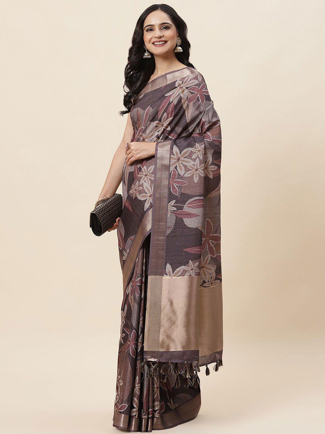 meena bazaar floral printed zari detailed tussar saree