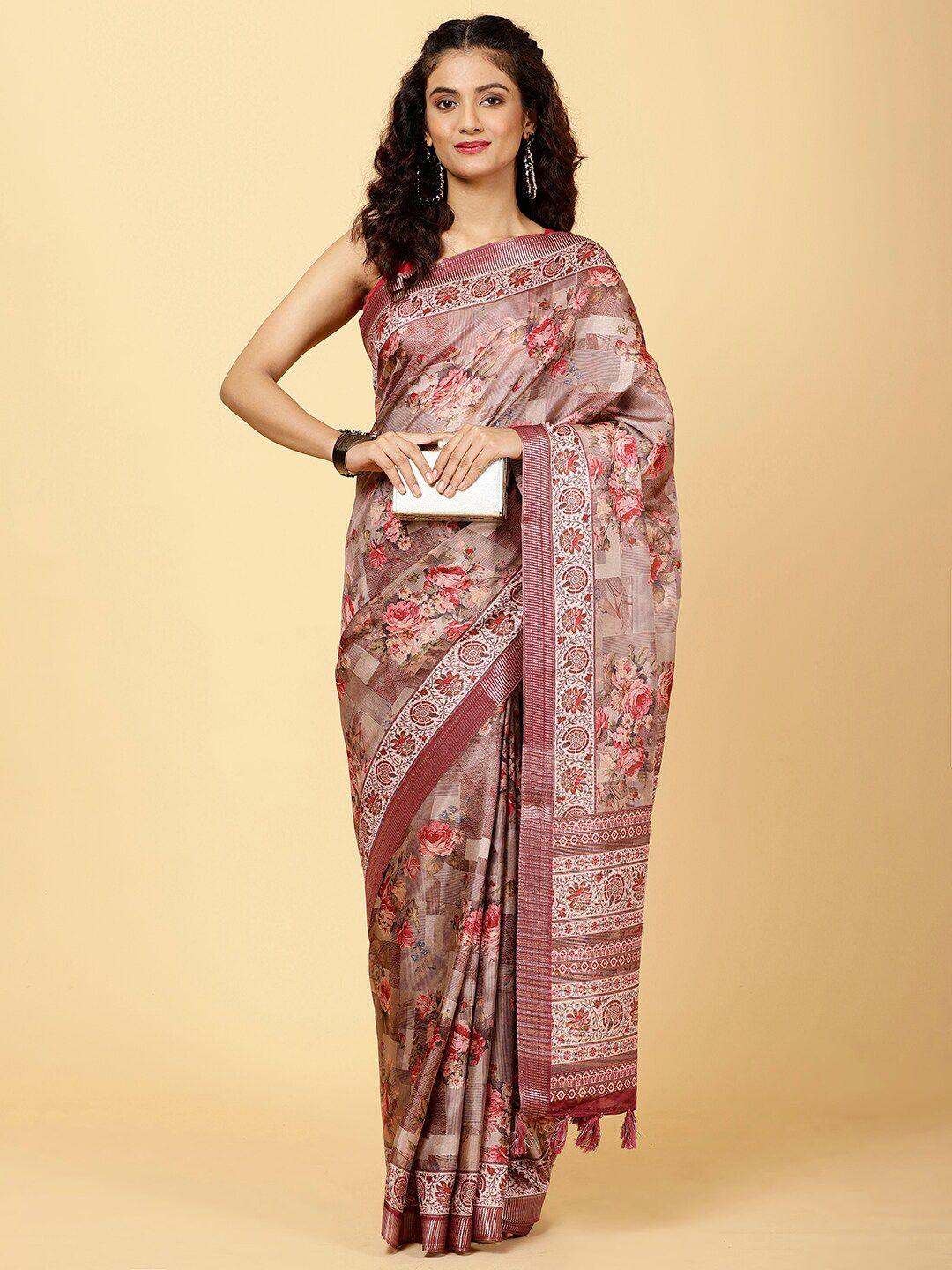 meena bazaar floral printed zari saree