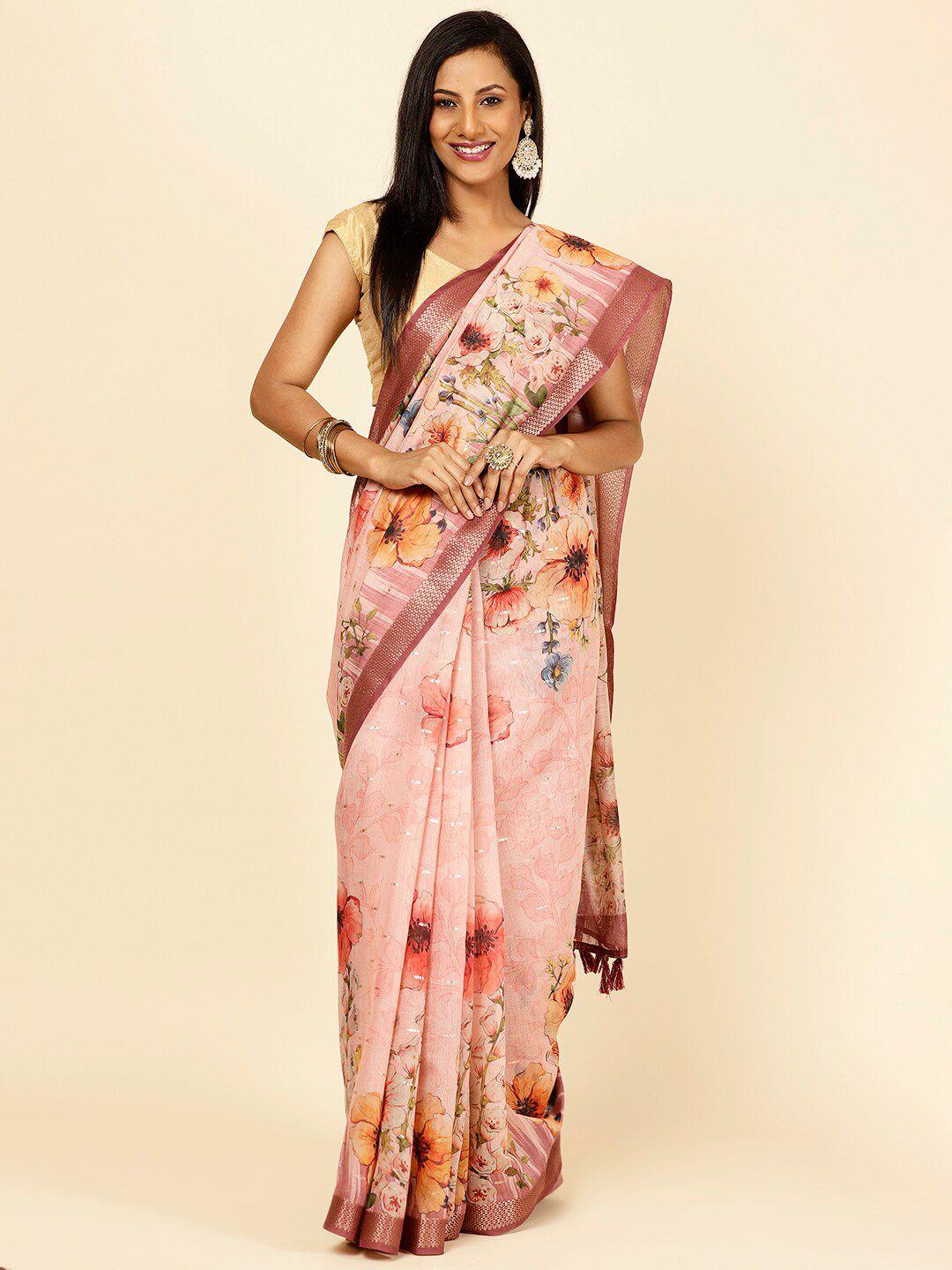 meena bazaar floral printed zari saree