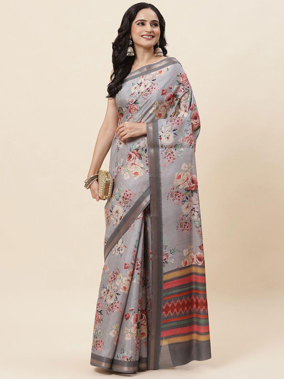 meena bazaar floral printed zari saree