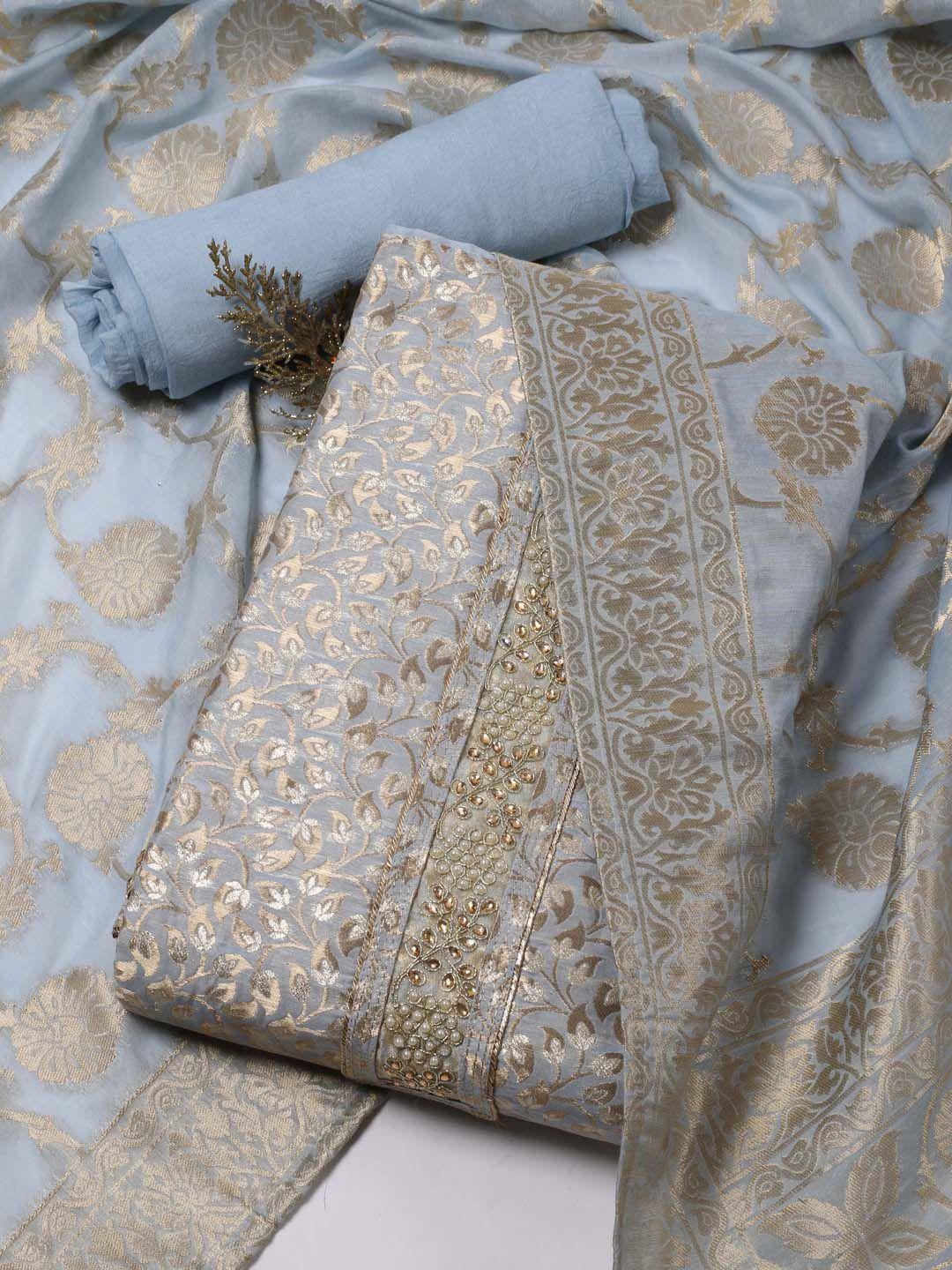 meena bazaar floral woven design beads and stones art silk unstitched dress material