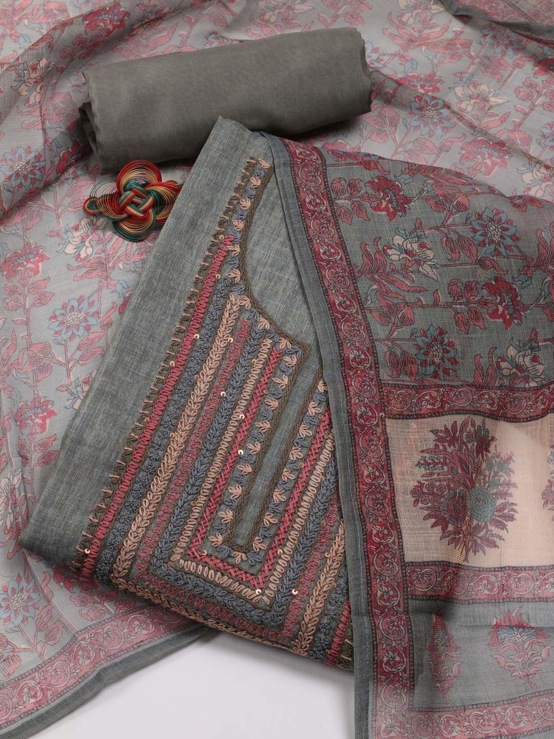 meena bazaar floral yoke designed thread work unstitched dress material