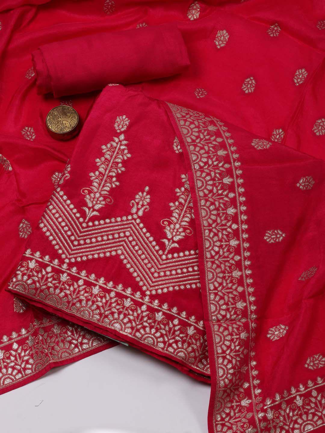 meena bazaar fuchsia & silver-toned art silk unstitched dress material