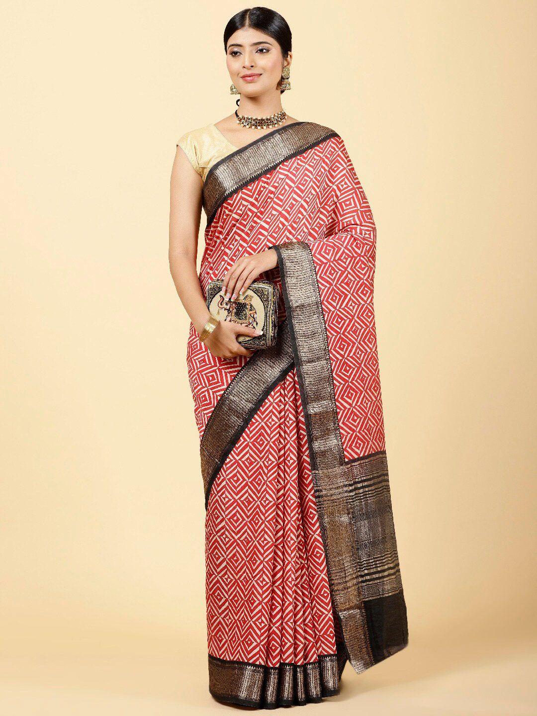 meena bazaar geometric printed art silk saree