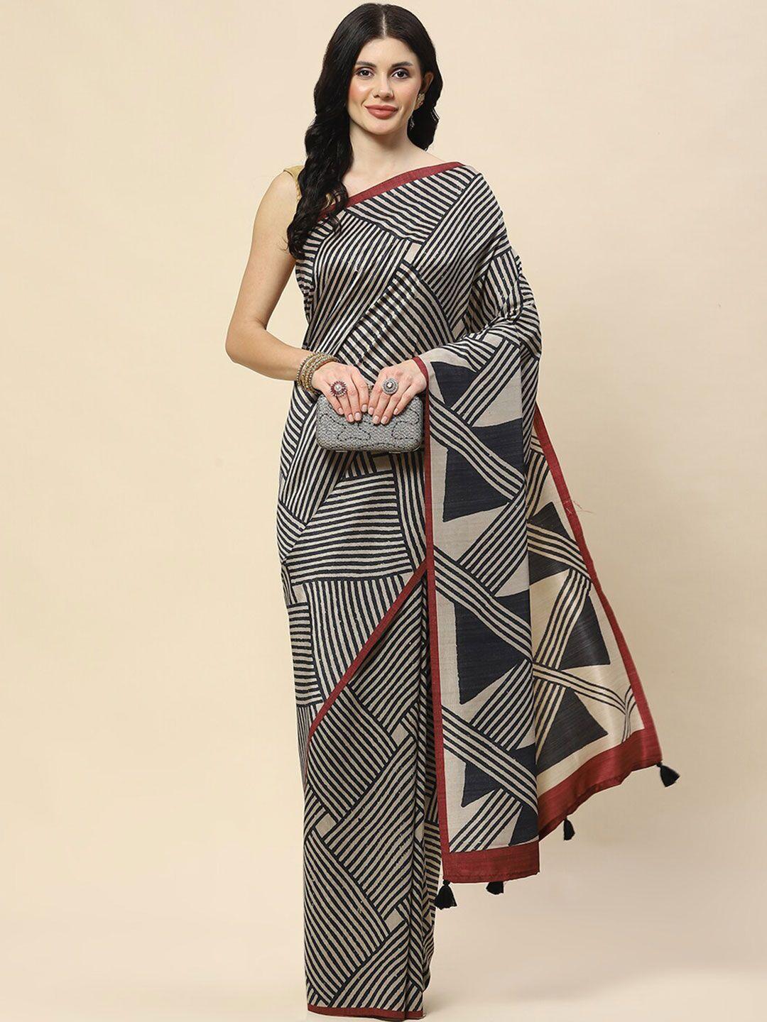 meena bazaar geometric printed tussar saree