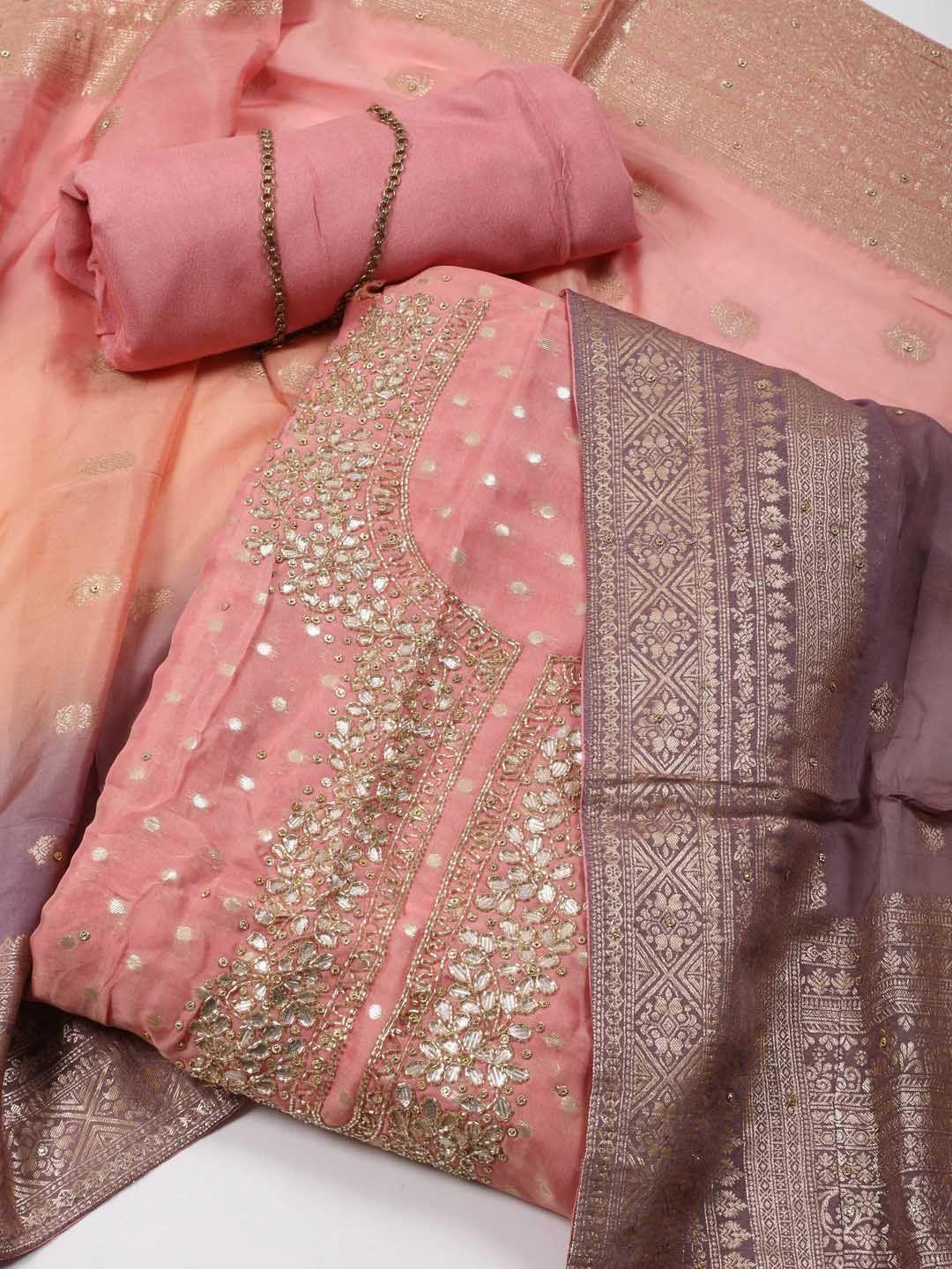 meena bazaar geometric woven design organza unstitched dress material