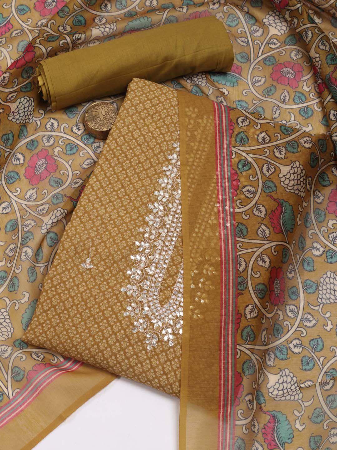 meena bazaar green printed art silk unstitched dress material