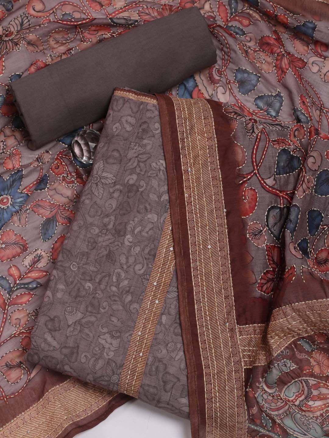 meena bazaar grey printed art silk unstitched dress material