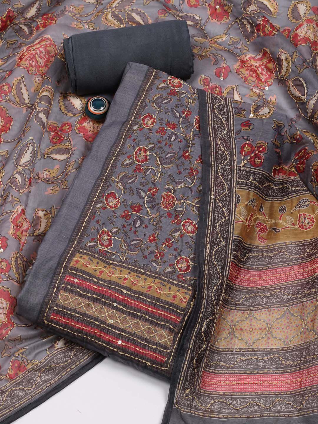 meena bazaar grey printed art silk unstitched dress material