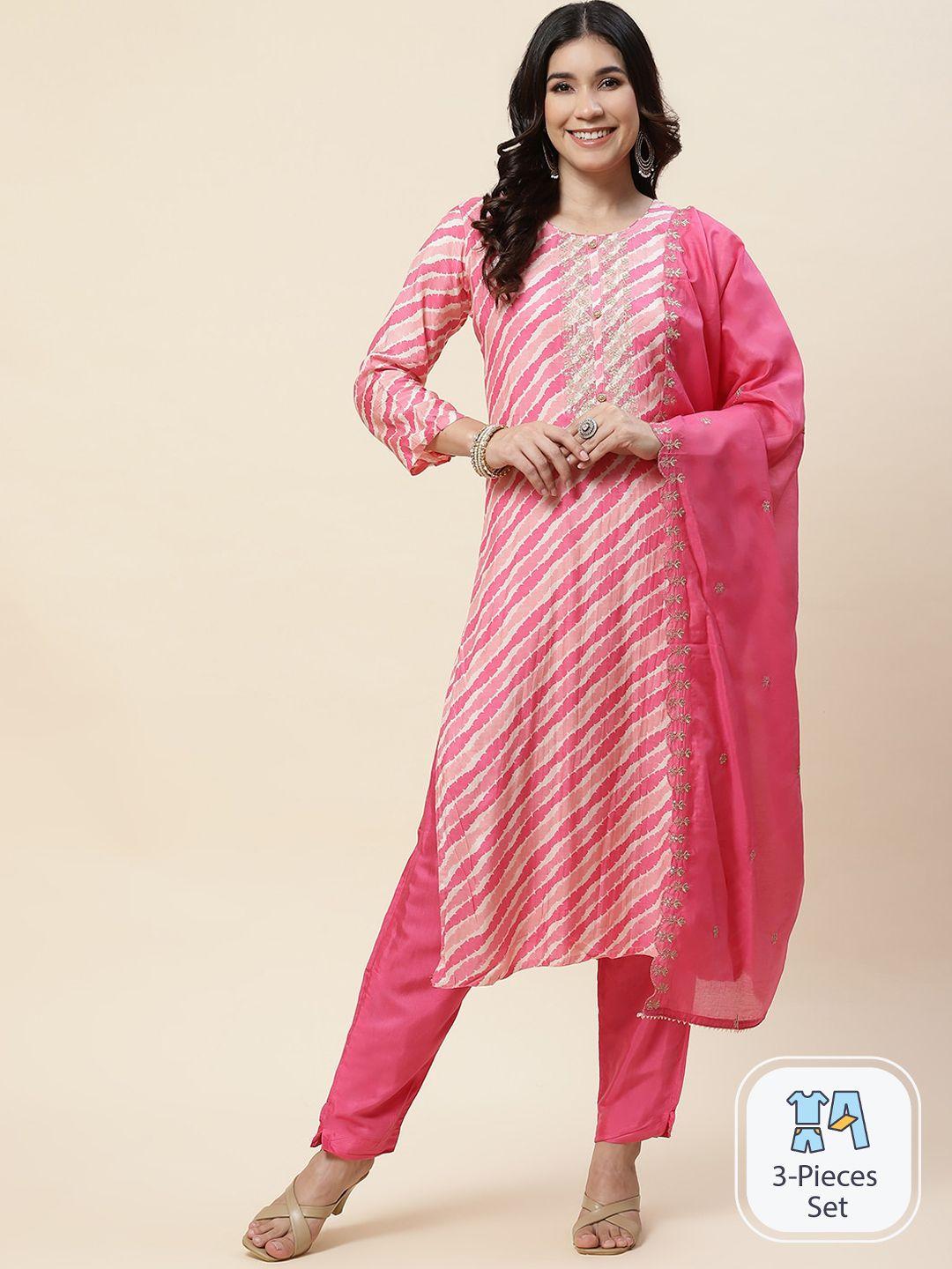 meena bazaar leheriya printed sequinned kurta with trousers & dupatta