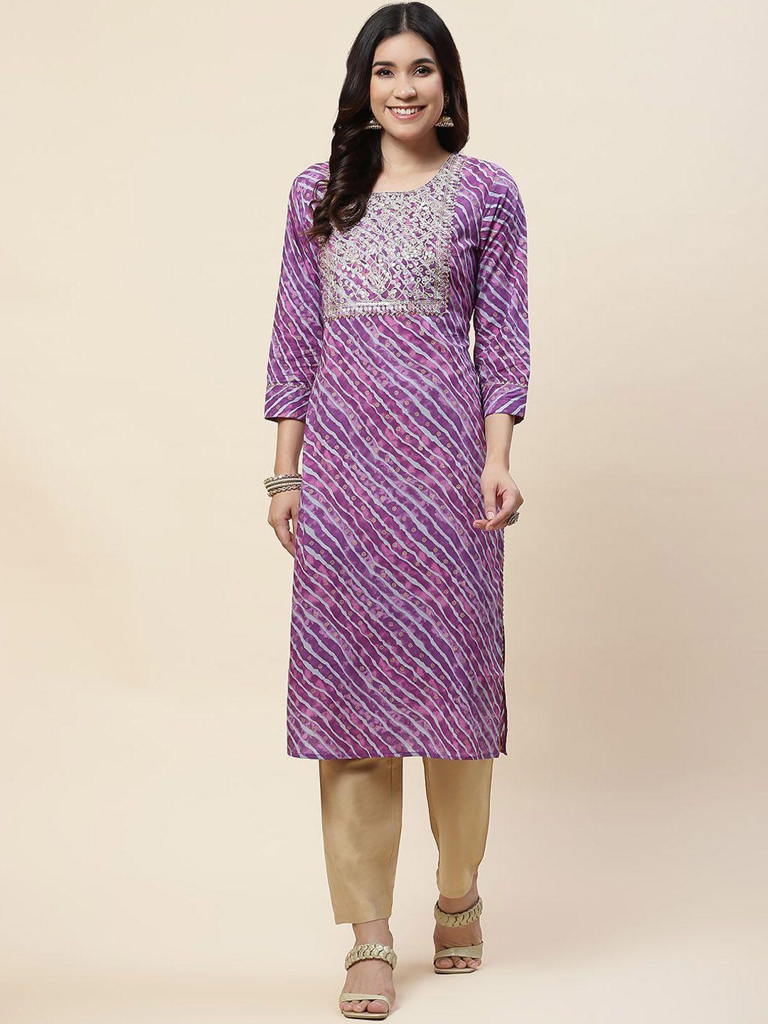 meena bazaar leheriya printed thread work straight kurta