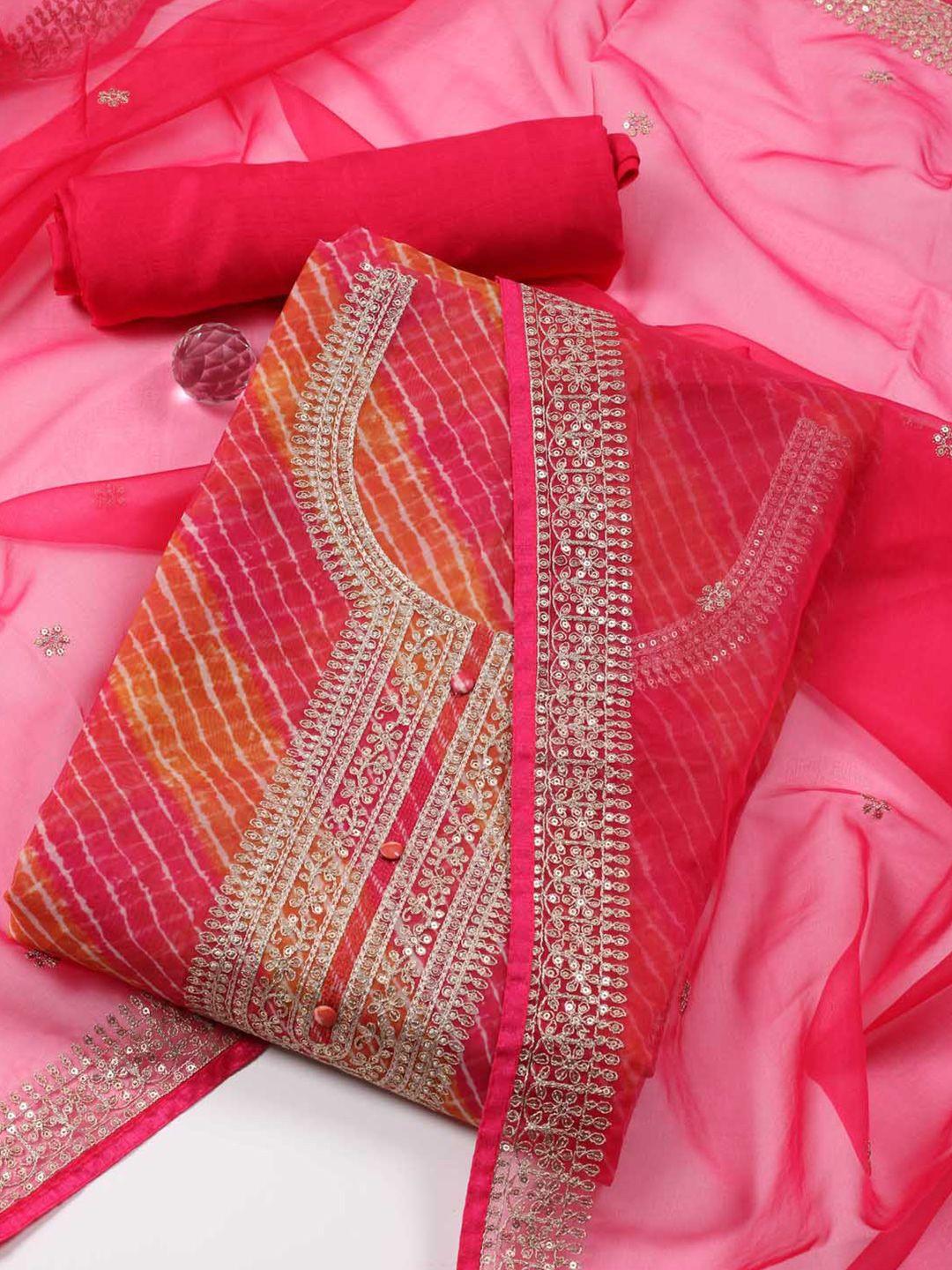 meena bazaar leheriya printed zari organza unstitched dress material