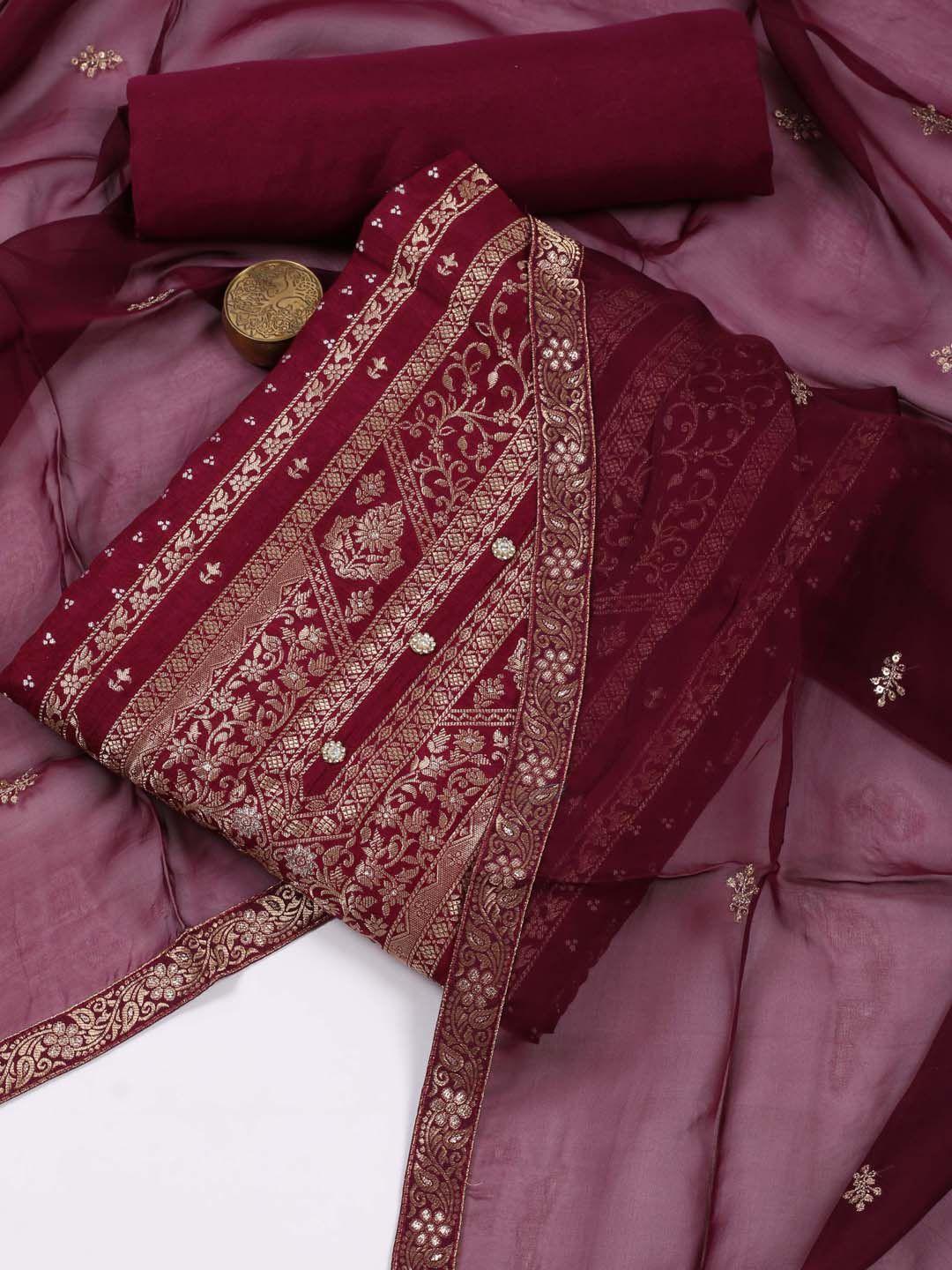 meena bazaar maroon & gold-toned art silk unstitched dress material