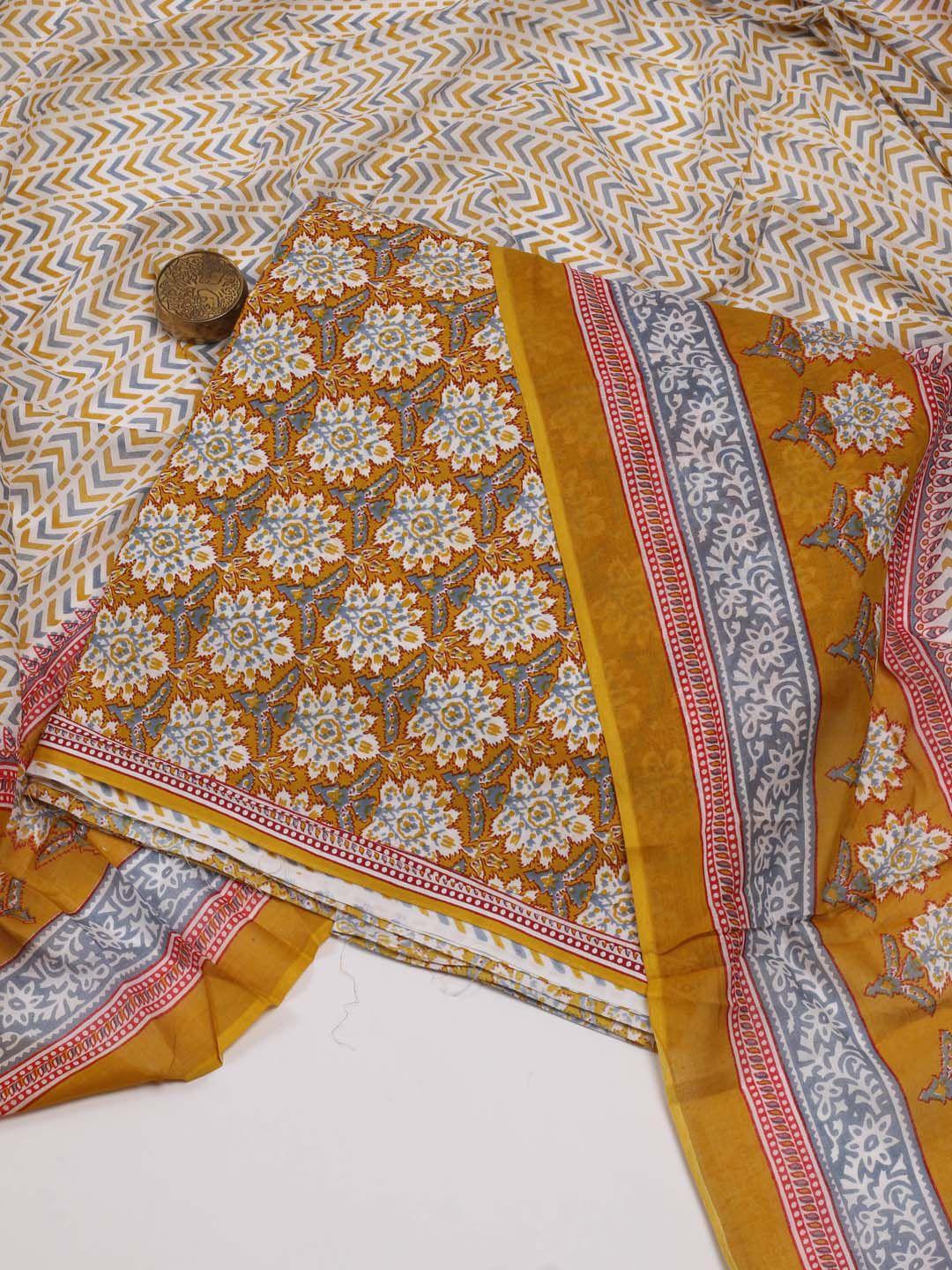 meena bazaar mustard & blue printed unstitched dress material