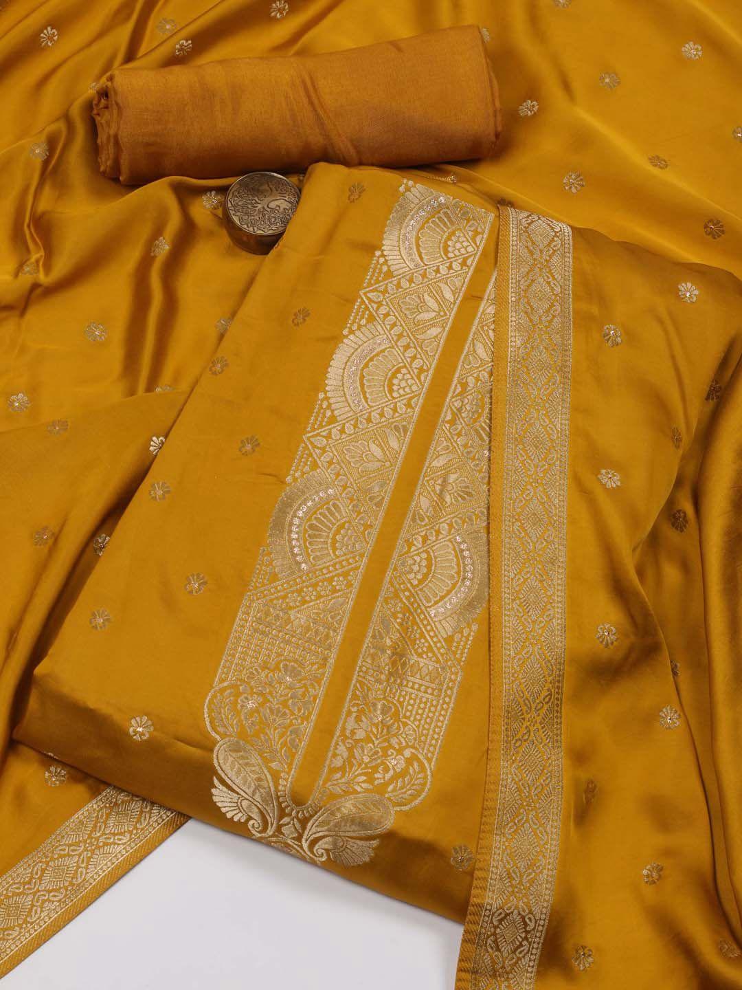 meena bazaar mustard & gold-toned satin unstitched dress material