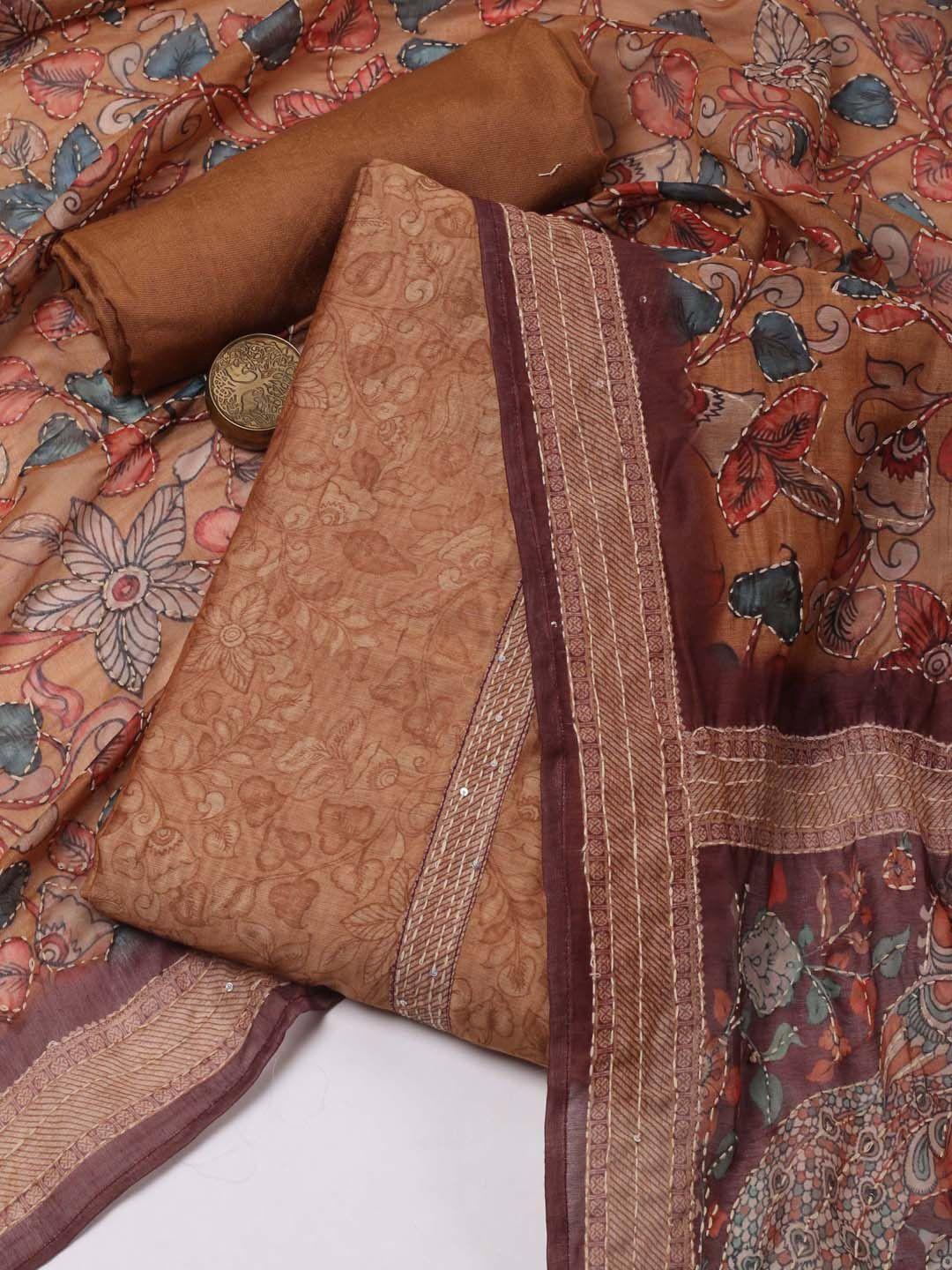 meena bazaar mustard printed art silk unstitched dress material