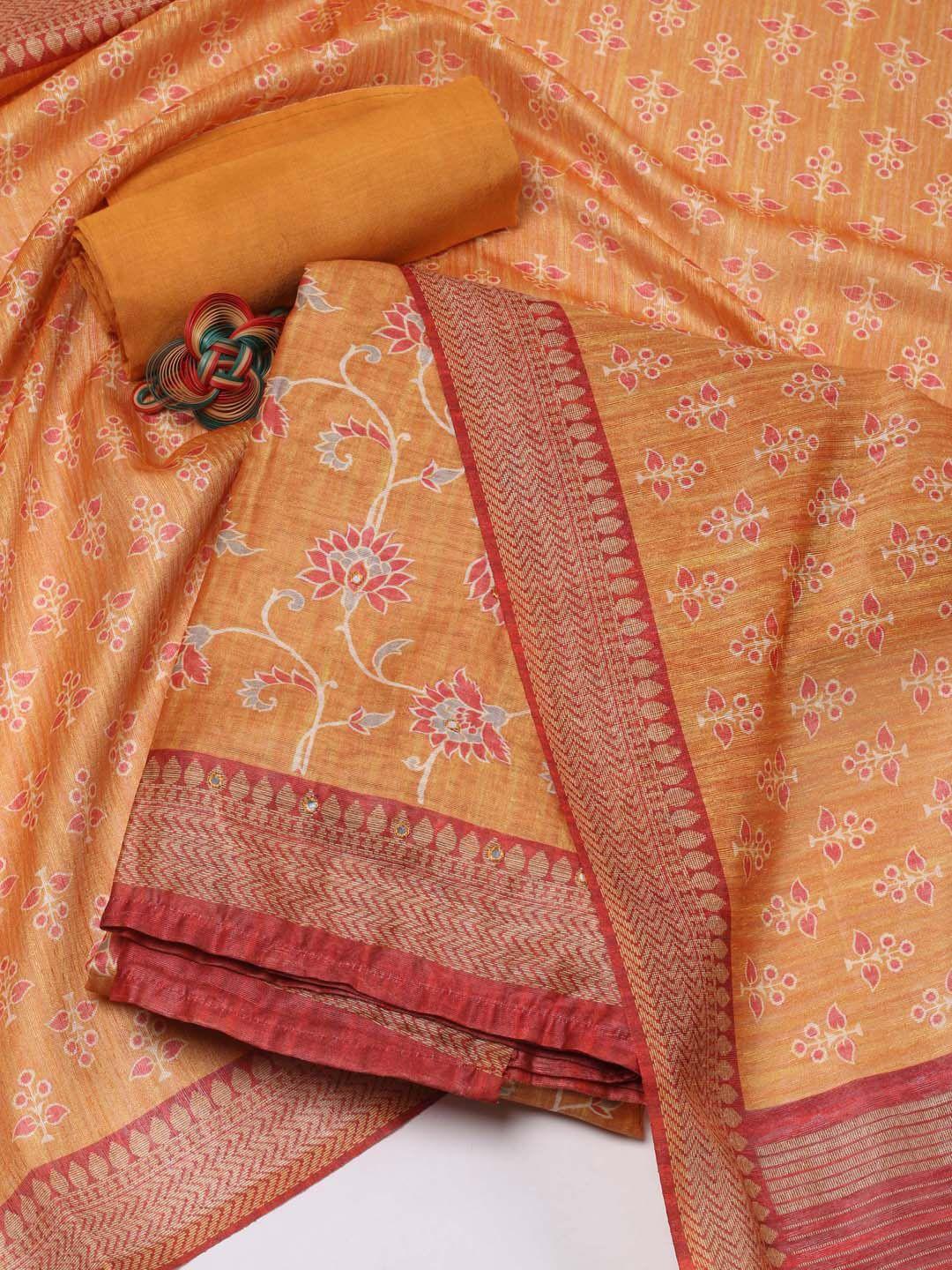 meena bazaar mustard printed art silk unstitched dress material