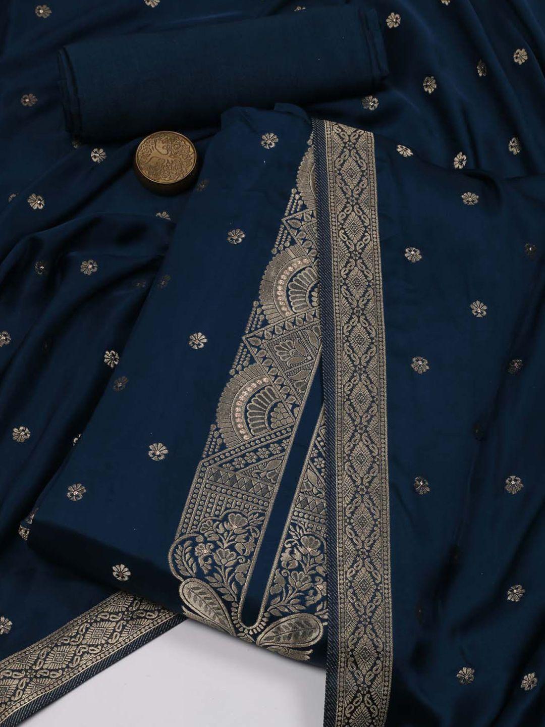 meena bazaar navy blue & gold-toned satin unstitched dress material