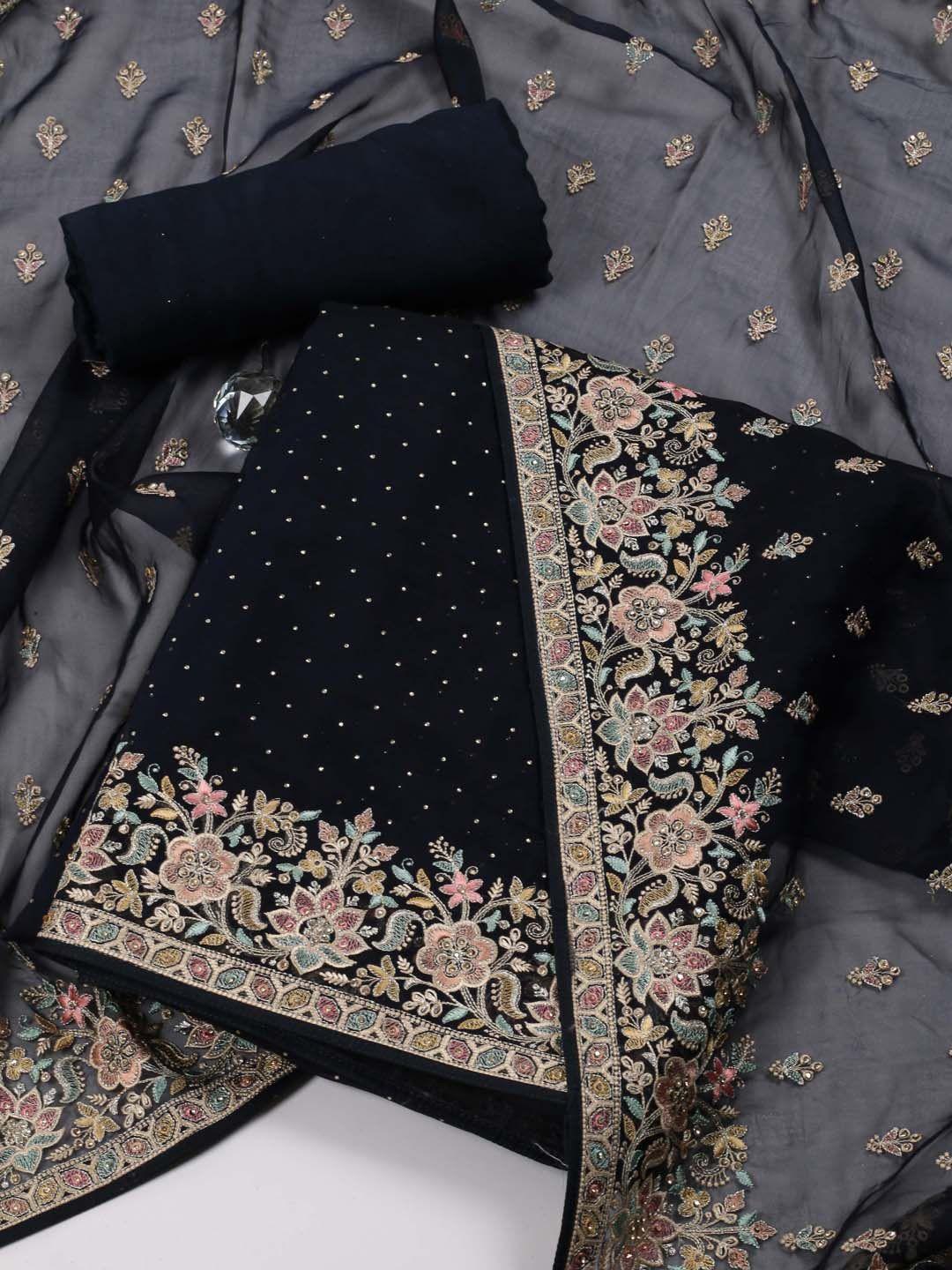 meena bazaar navy blue embroidered organza unstitched dress material