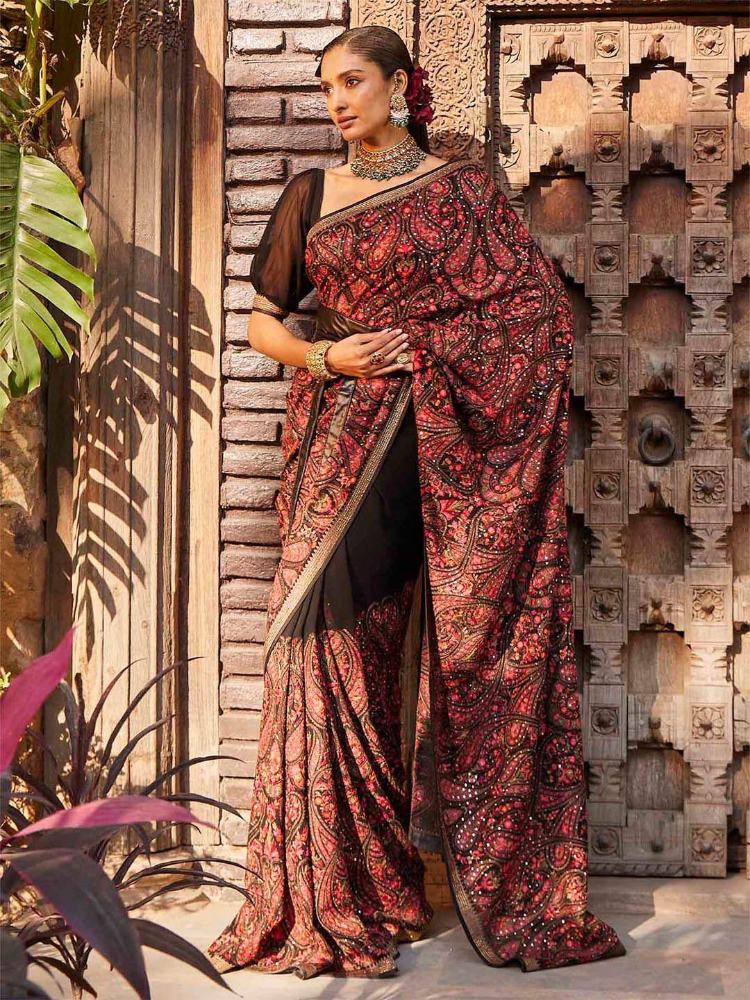 meena bazaar paisley embroidered poly georgette saree