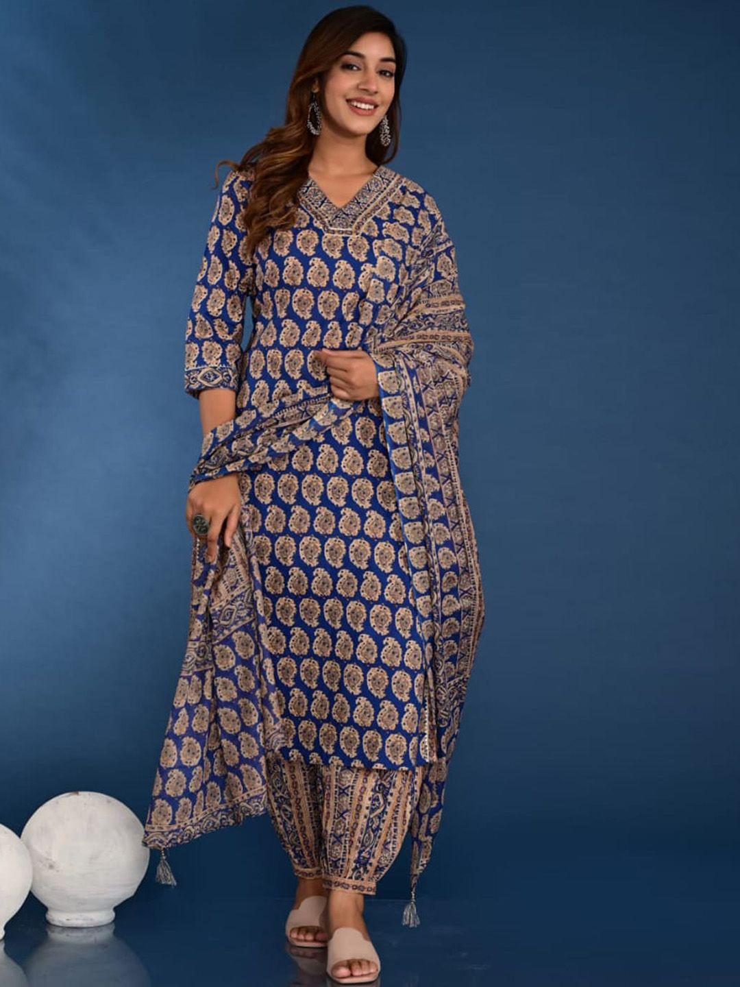 meena bazaar paisley printed v-neck straight kurta & salwar with dupatta