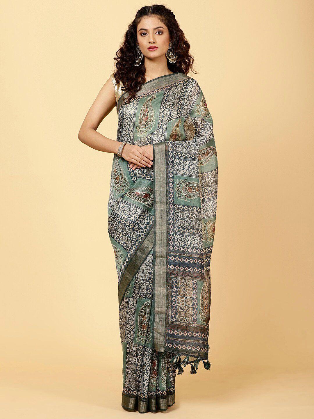 meena bazaar paisley printed zari saree