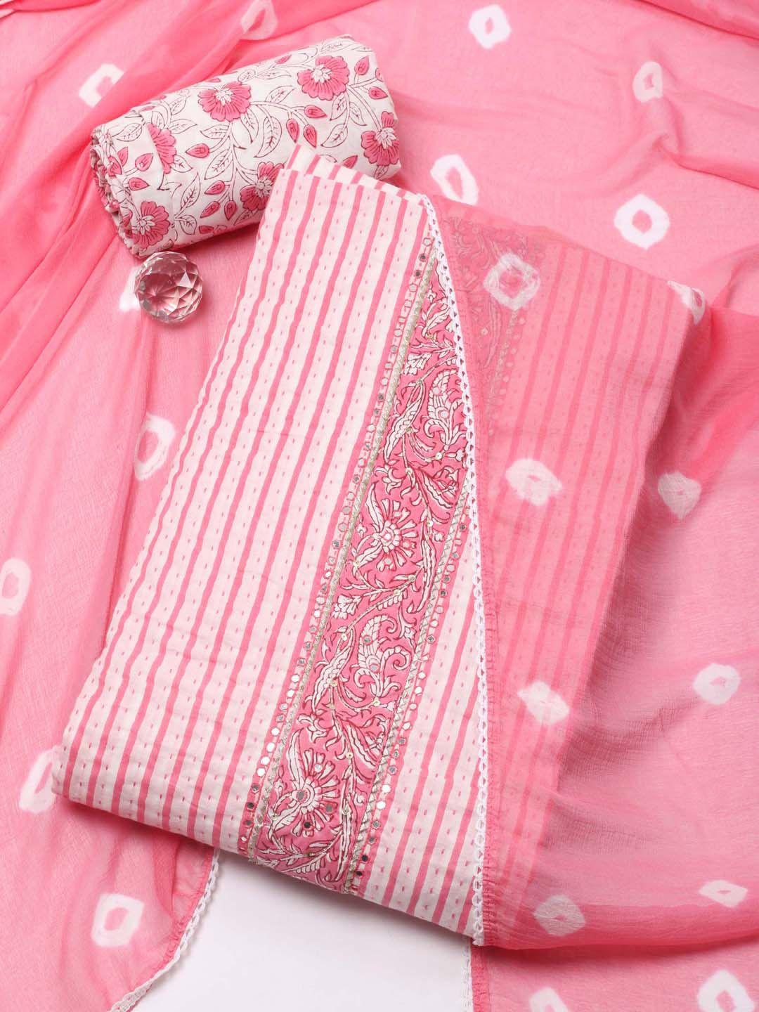 meena bazaar pink & cream-coloured printed unstitched dress material