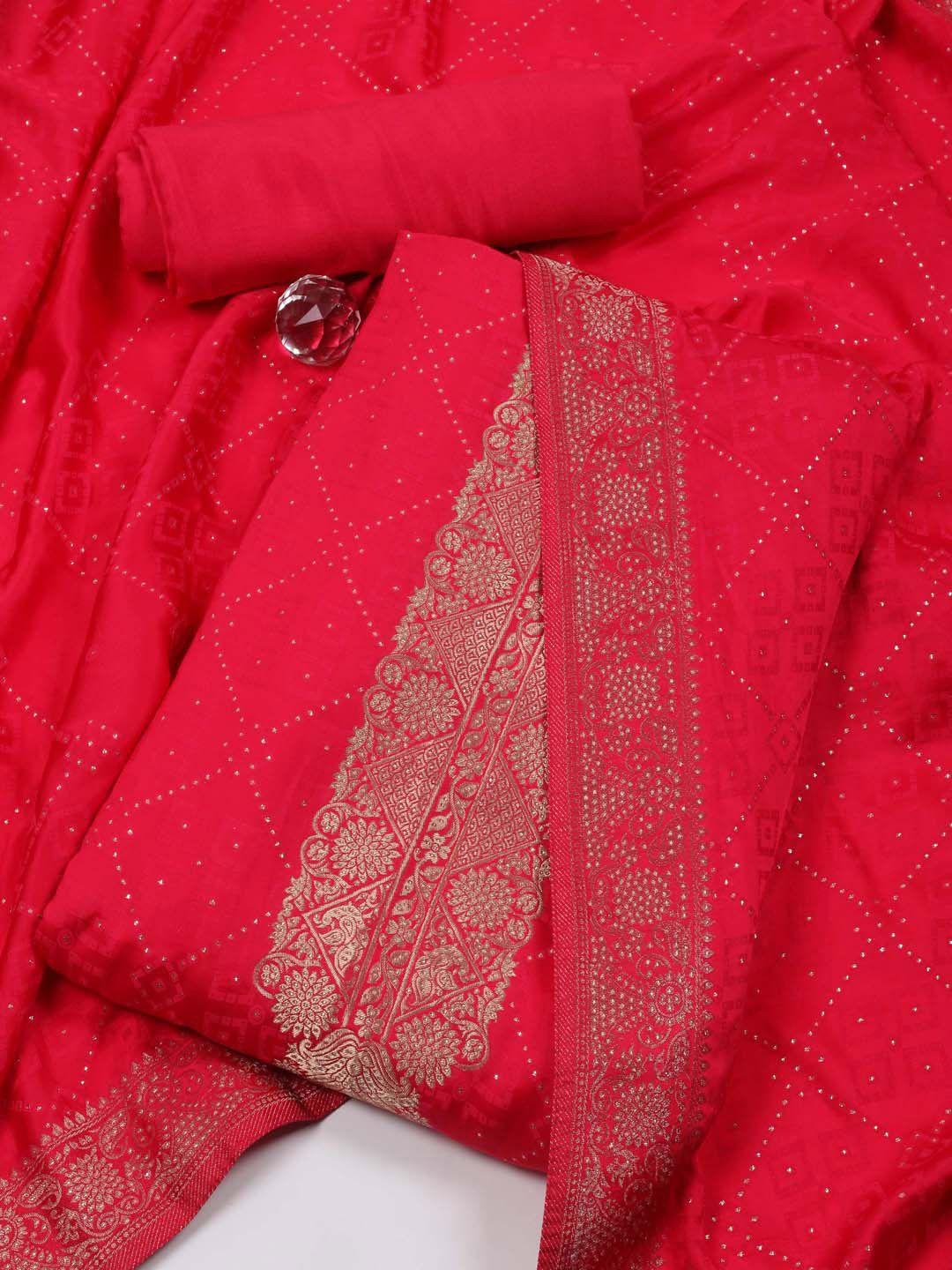 meena bazaar pink & gold-toned satin unstitched dress material