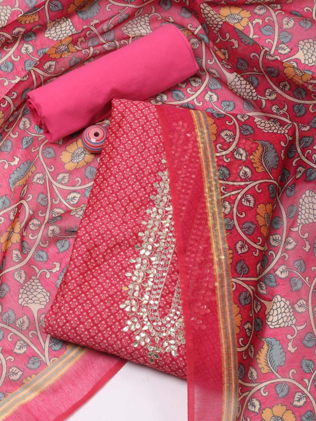 meena bazaar pink printed art silk unstitched dress material